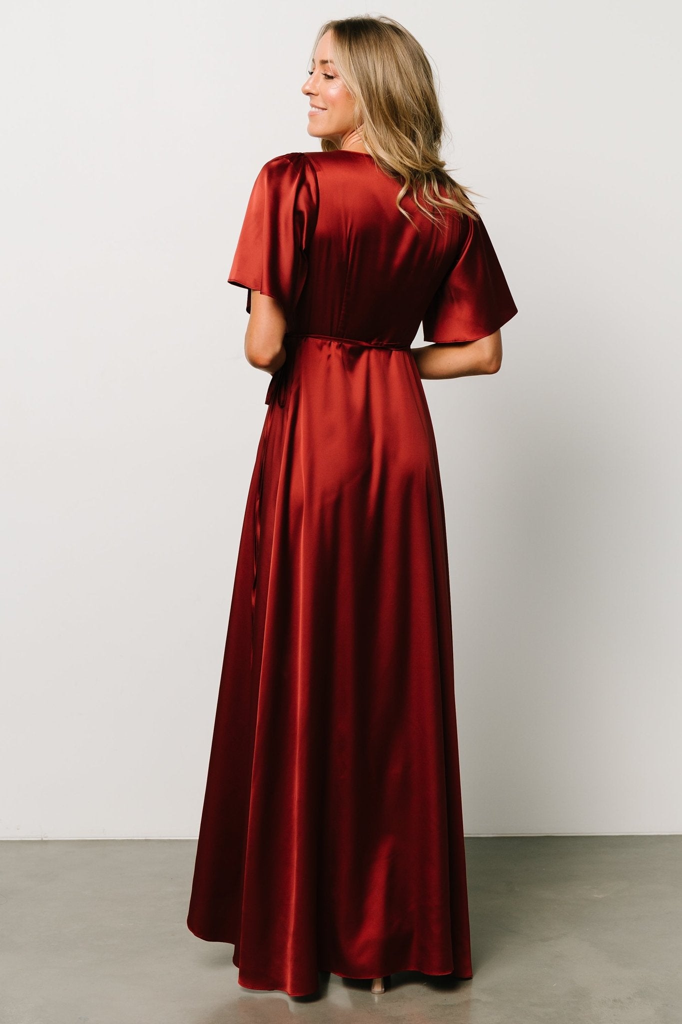 Terracotta Satin Maxi Wrap Dress by Baltic Born – Flutter Sleeves & Wrap Waist