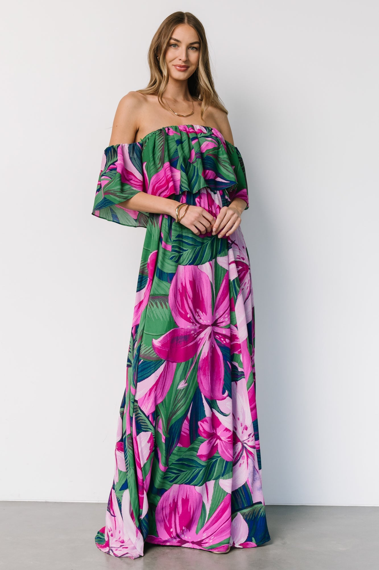 Floral Off Shoulder Maxi Dress in Green & Fuchsia | Chiffon Lined