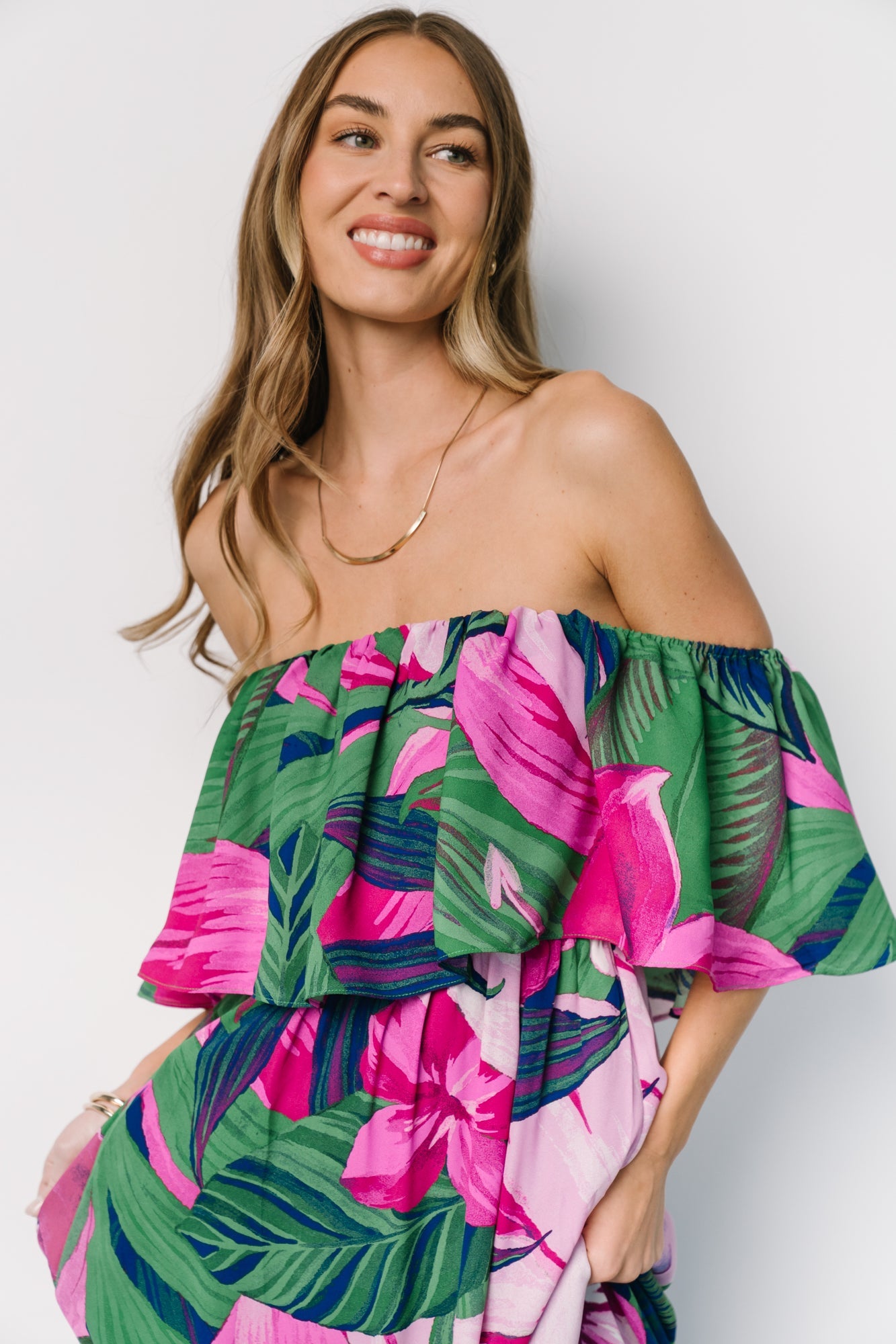 Floral Off Shoulder Maxi Dress in Green & Fuchsia | Chiffon Lined