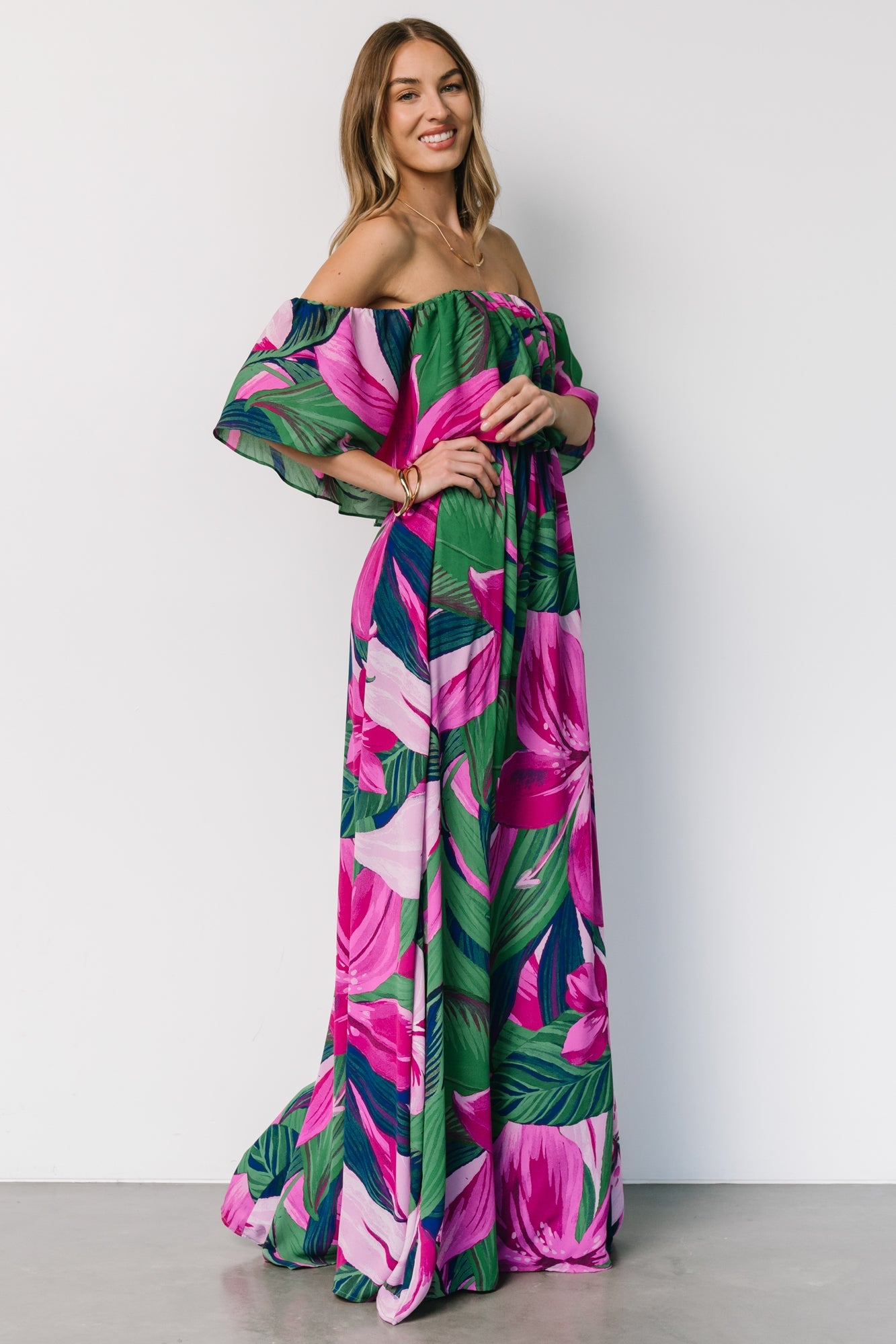 Floral Off Shoulder Maxi Dress in Green & Fuchsia | Chiffon Lined