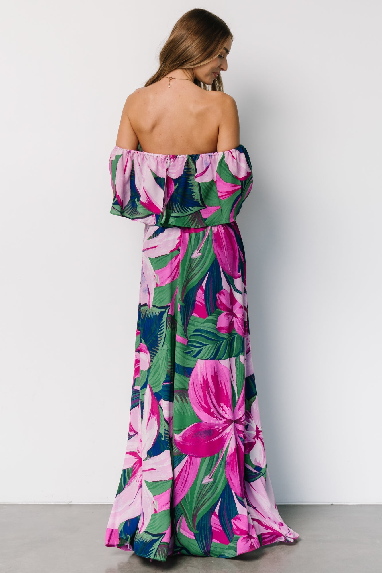 Floral Off Shoulder Maxi Dress in Green & Fuchsia | Chiffon Lined
