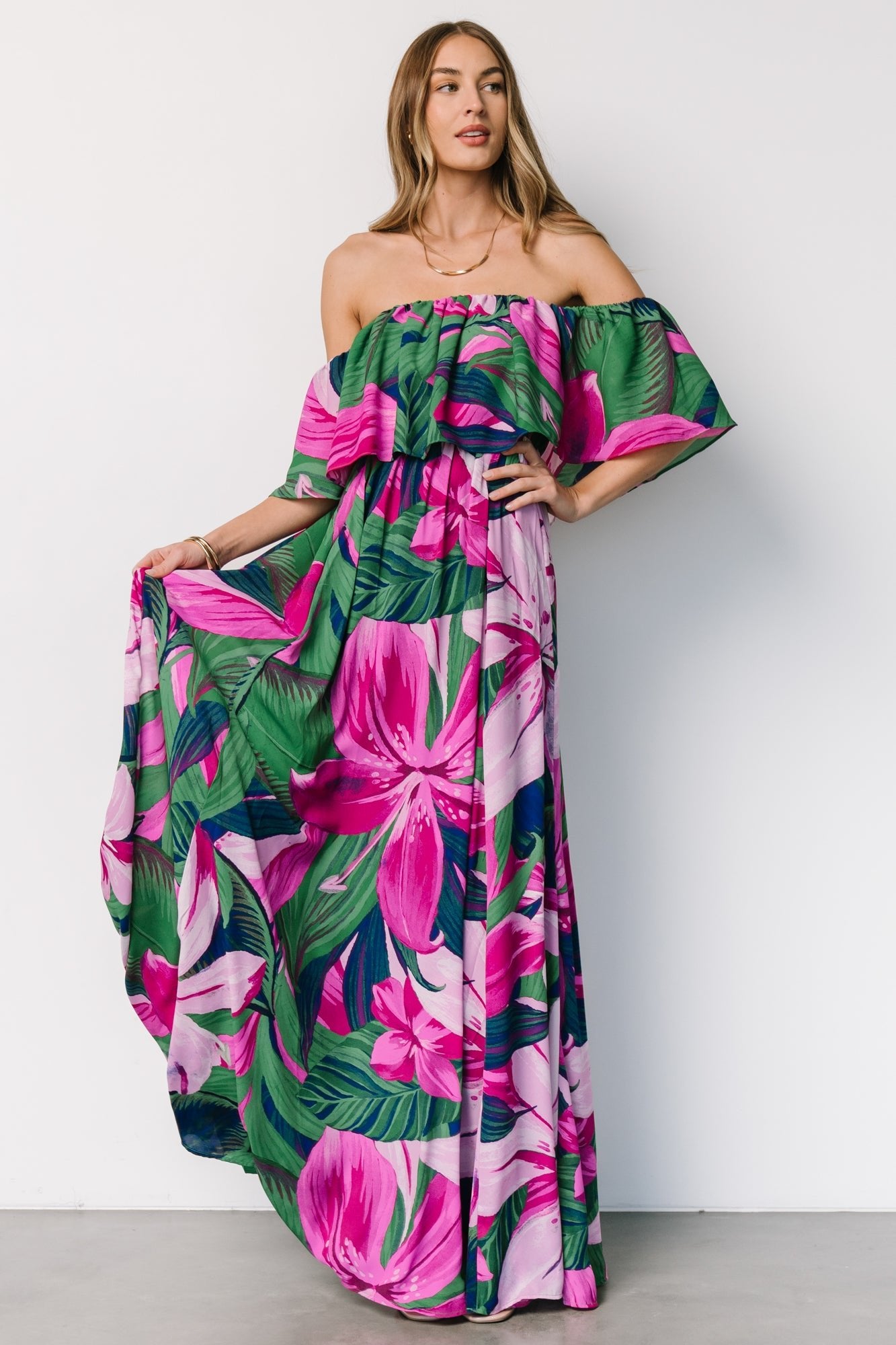Floral Off Shoulder Maxi Dress in Green & Fuchsia | Chiffon Lined