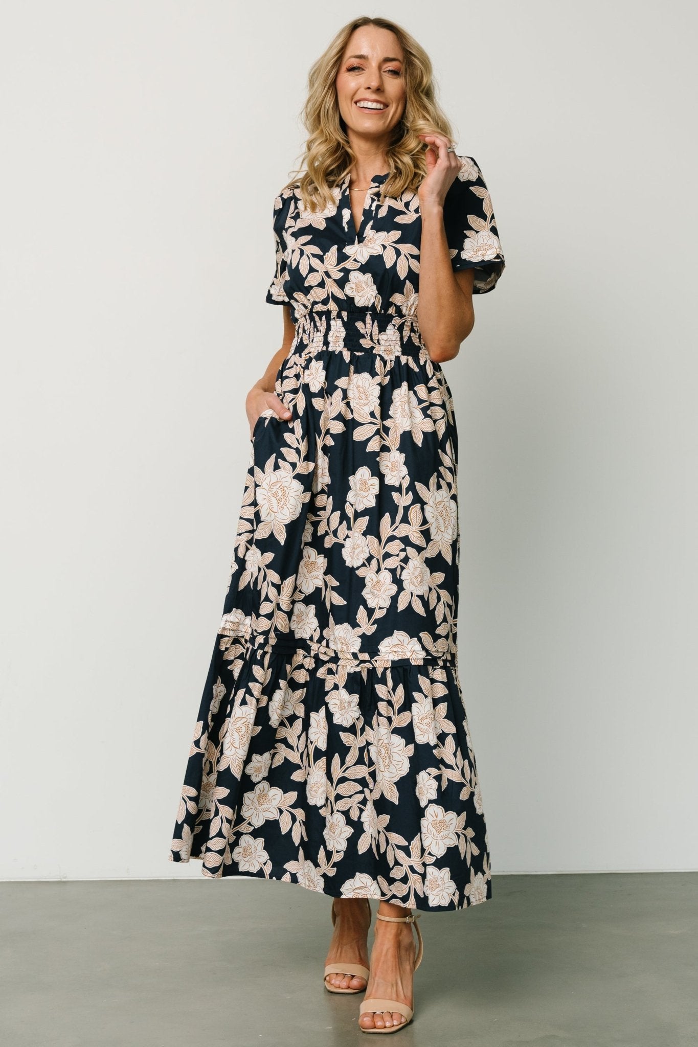 Vera Navy Floral Maxi Dress with Smocked Waist & Pockets