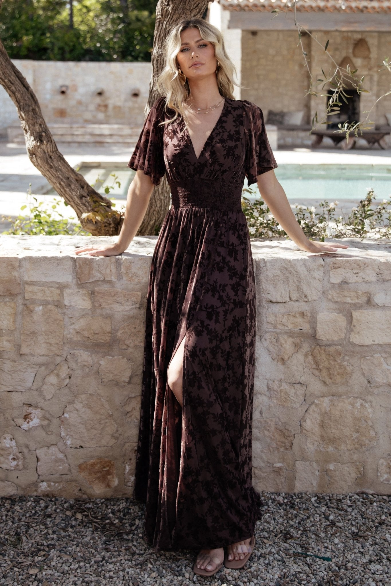 Baltic Born Veronica Velvet Maxi Dress in Espresso | Flowy Sleeves & V-Neck