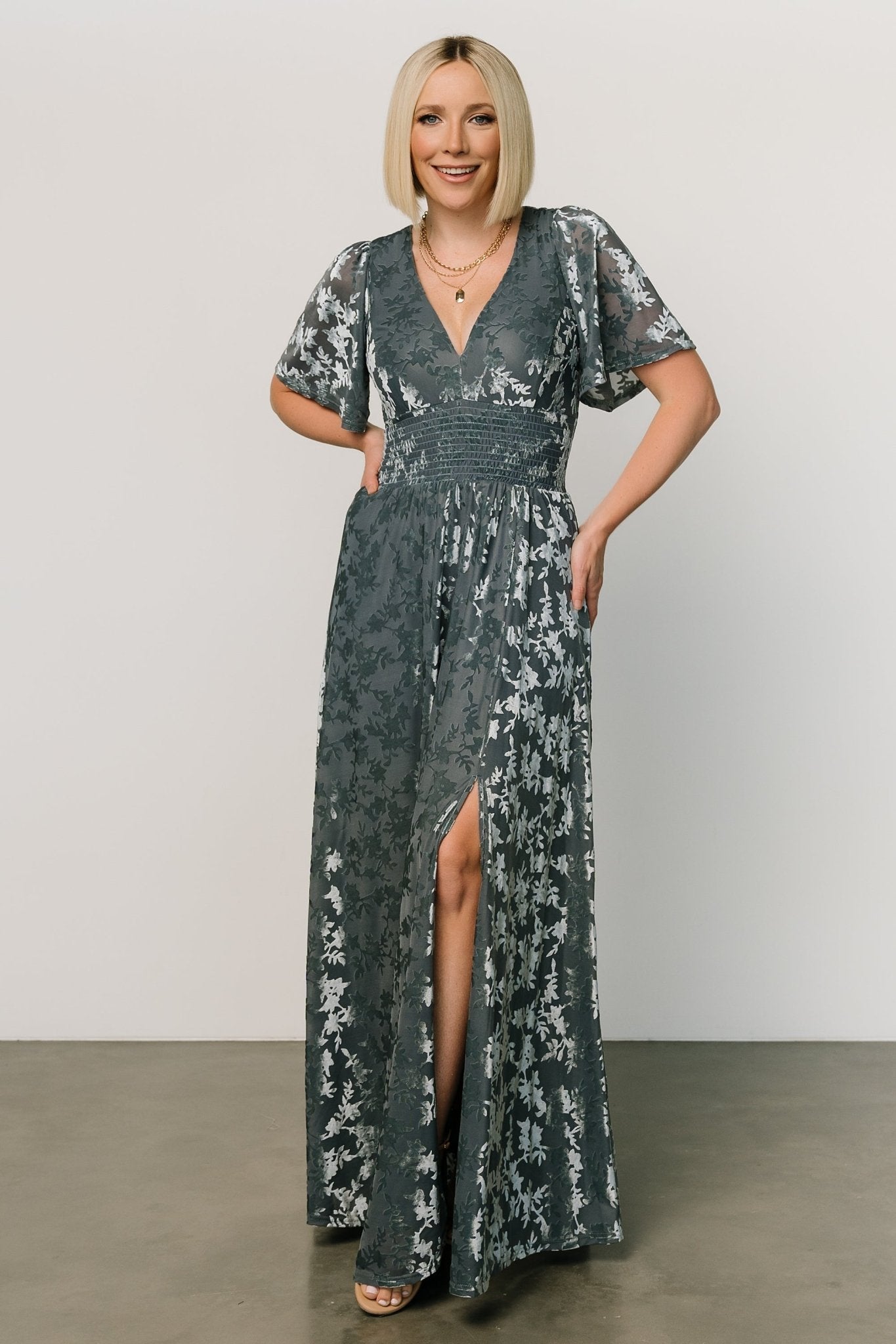 Slate Blue Velvet Maxi Dress with V-Neck & Leg Slit – Baltic Born