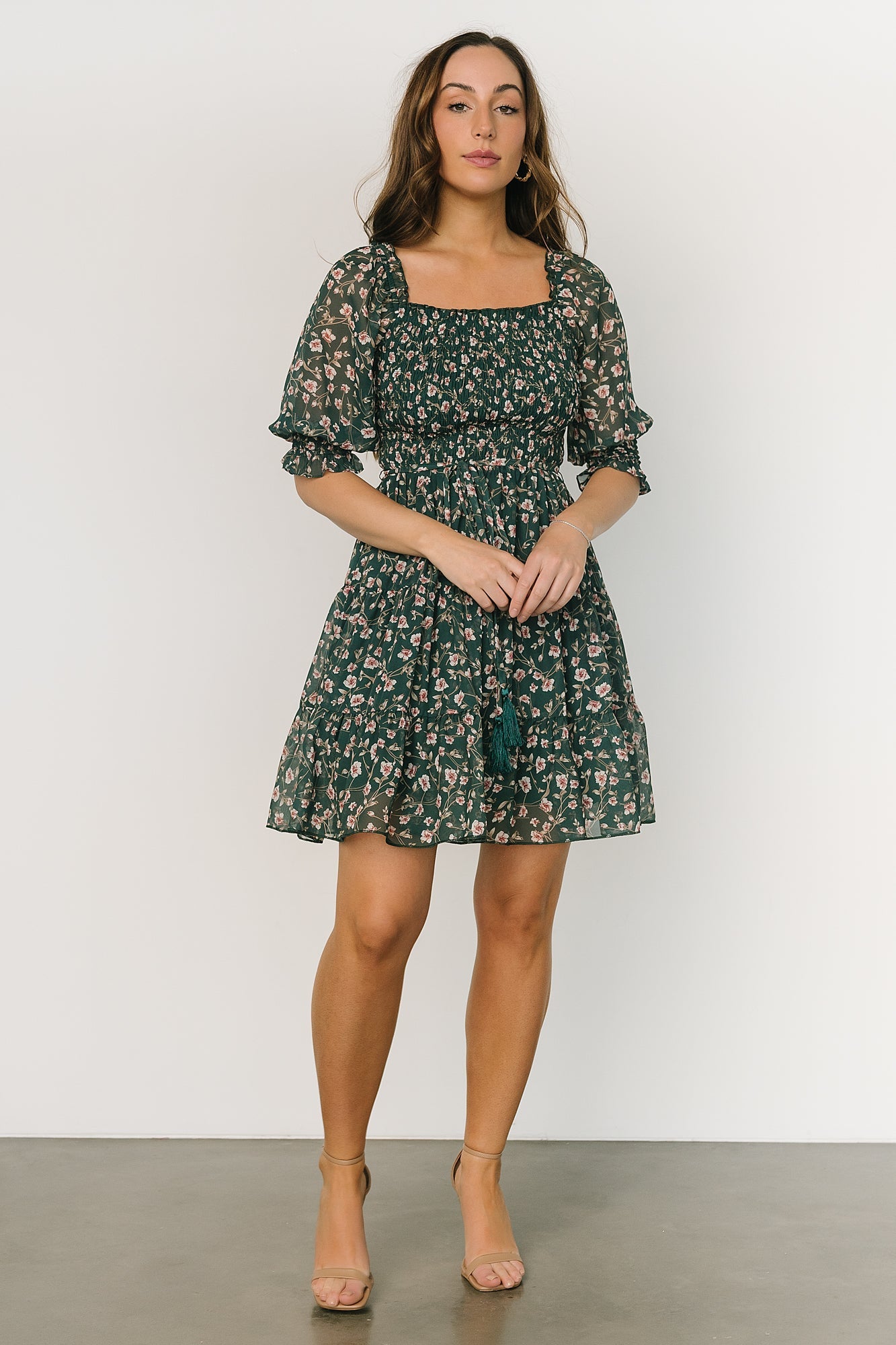 Azlyn Green Pink Floral Smocked Short Dress with Detachable Waist Tie