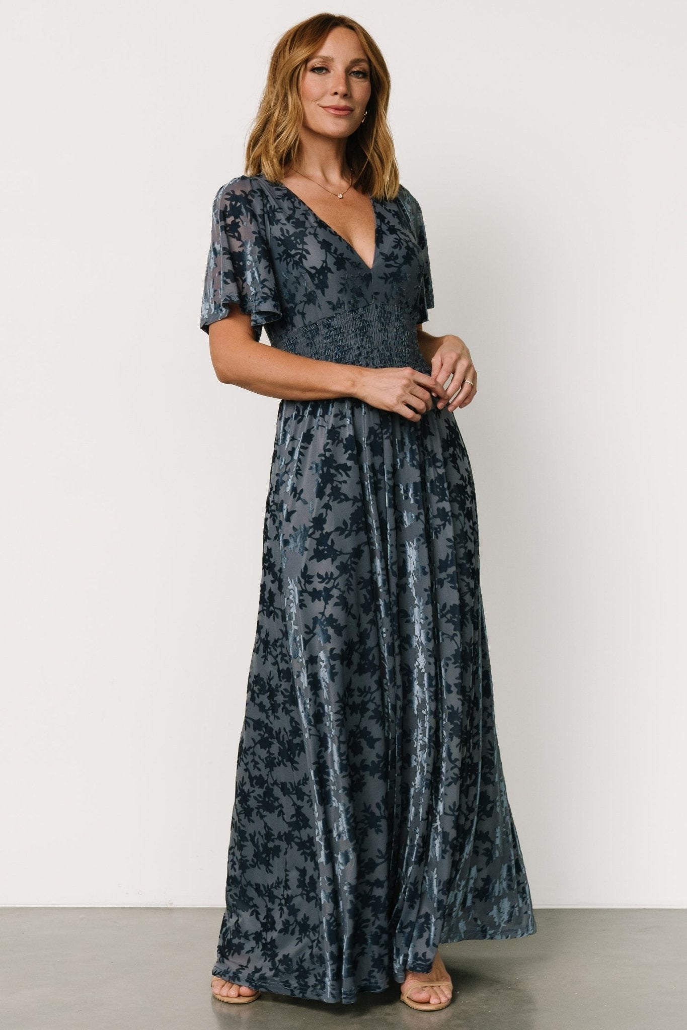 Whisper Blue Velvet Maxi Dress with V-Neck & Slit | Baltic Born