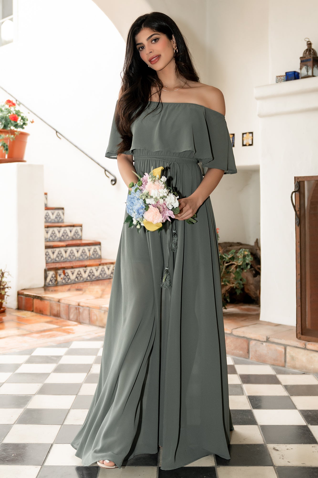 Baltic Born Victoria Off Shoulder Maxi Dress with Slit - Dark Sage