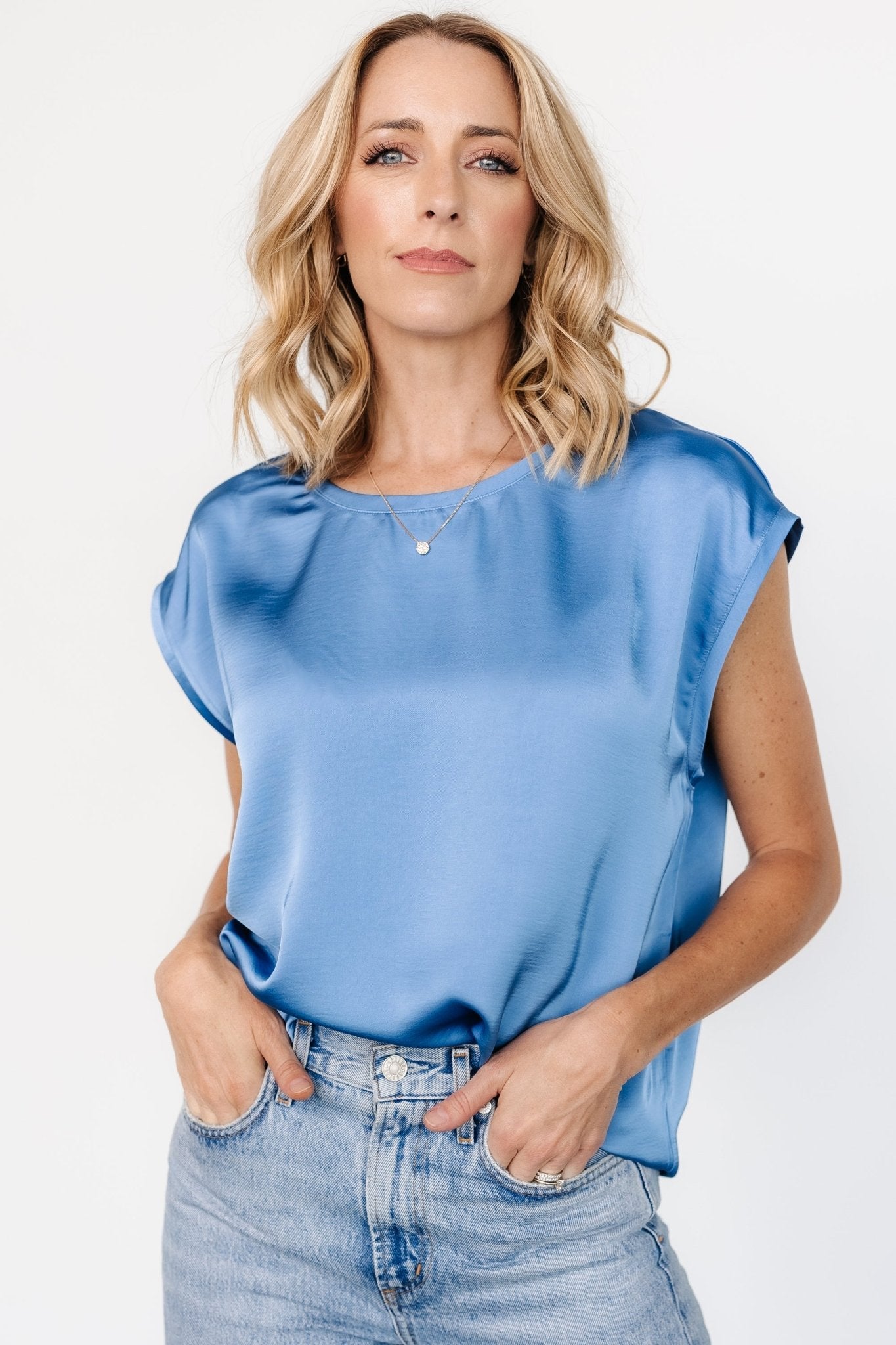 Adina Winter Blue Satin Top - Oversized Round Neck Blouse