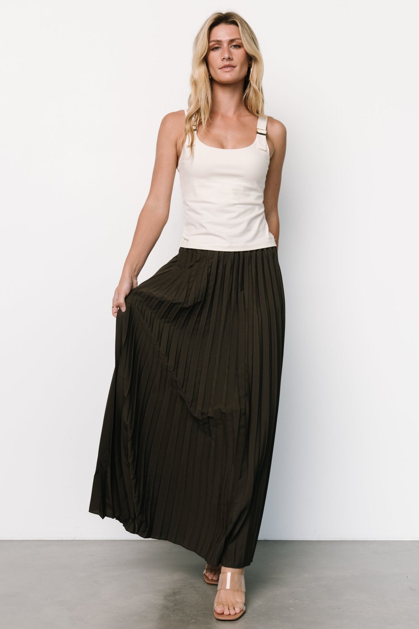 Vinny Pleated Maxi Skirt for Women - Charcoal Gray Polyester