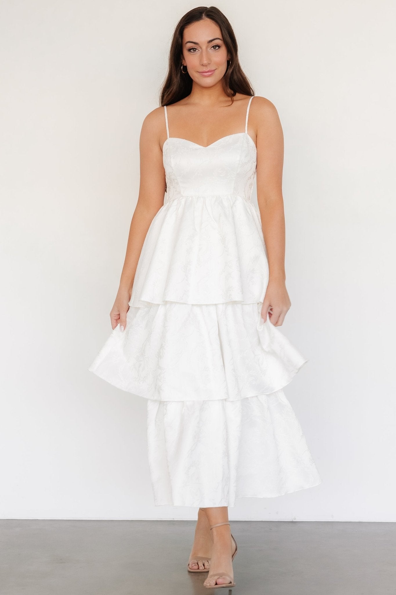 Violetta Off White Floral Tiered Dress with Sweetheart Neckline