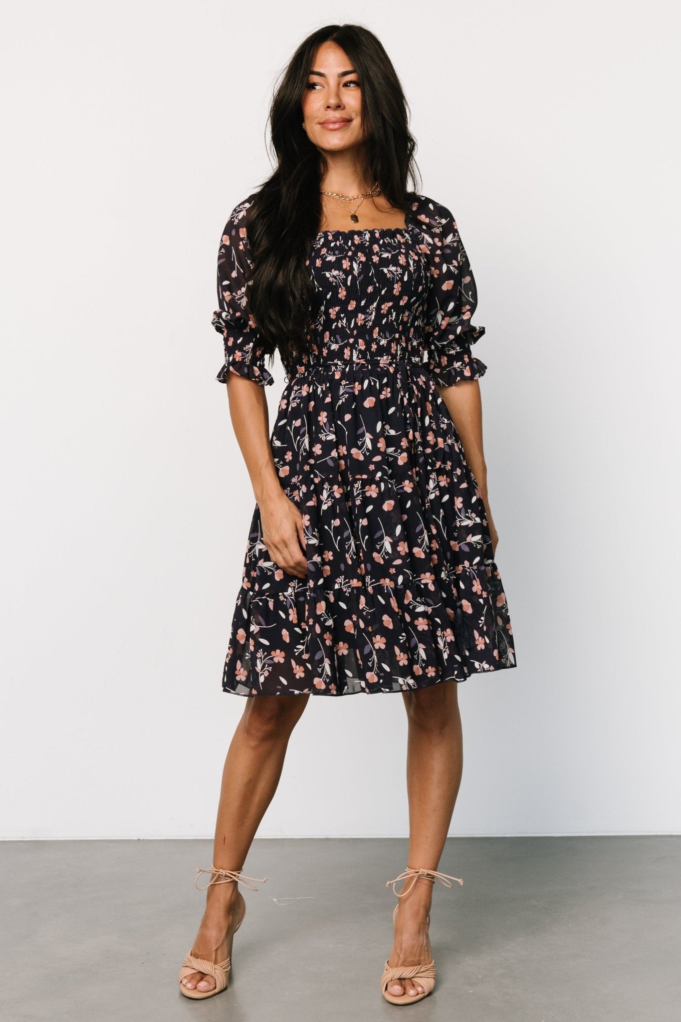 Azlyn Navy Floral Smocked Short Dress with Detachable Waist Tie