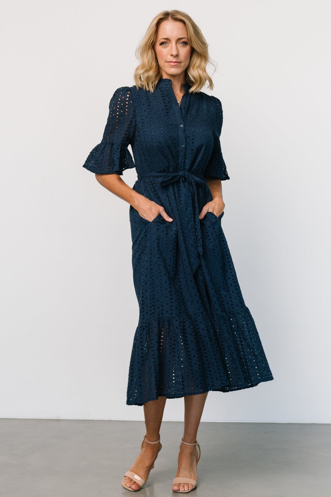 Navy Eyelet Midi Dress with Ruffles & Pockets | Baltic Born