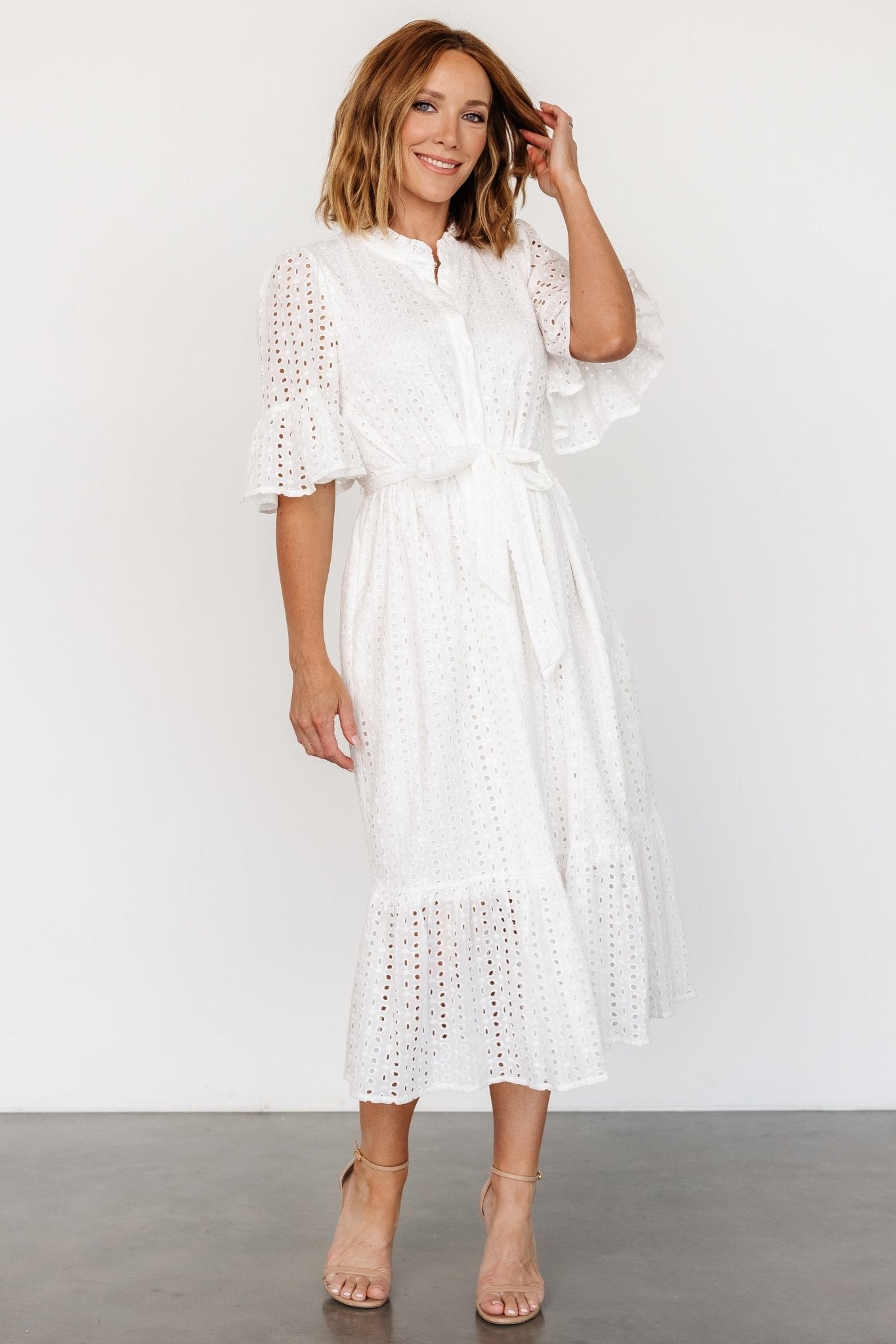 Off White Virginia Cotton Eyelet Midi Dress with Pockets