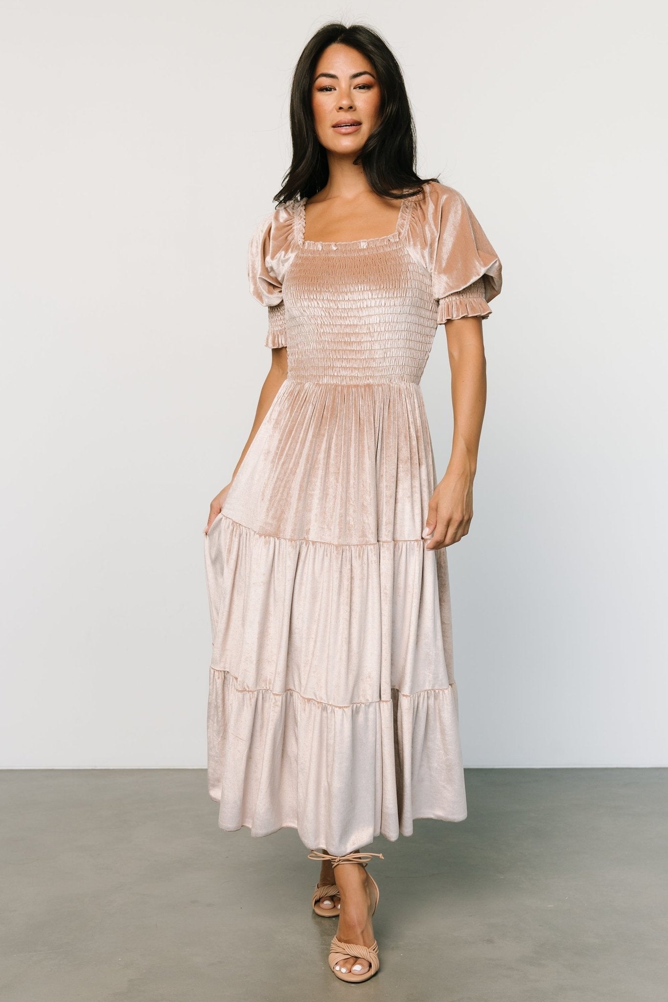 Vivaldi Champagne Velvet Midi Dress with Smocked Bodice & Ruffles
