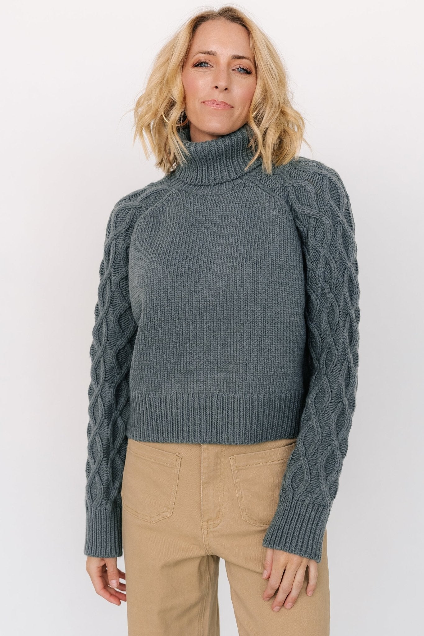 Vonn Cable Knit Turtleneck Sweater in Winter Green