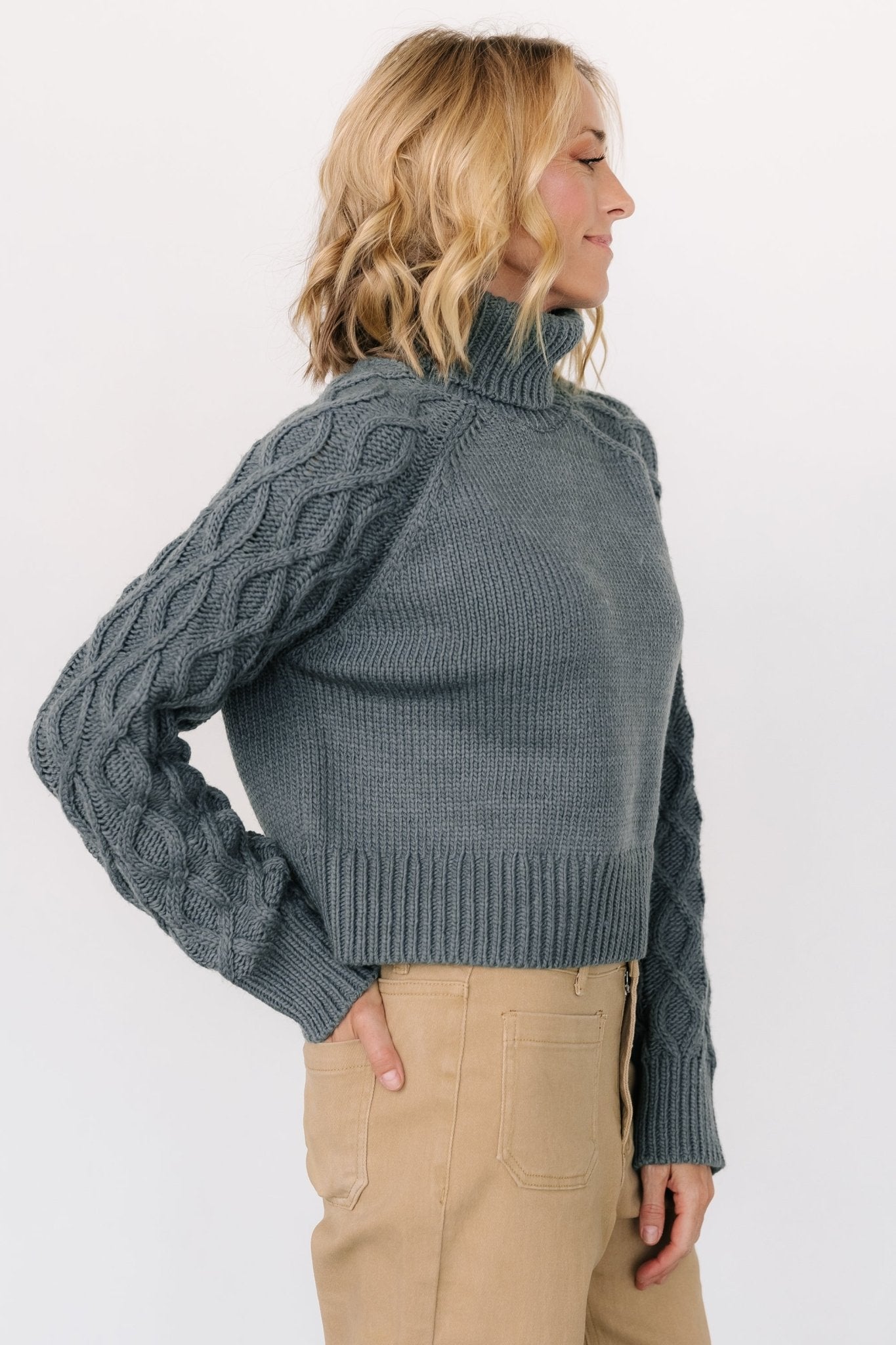 Vonn Cable Knit Turtleneck Sweater in Winter Green