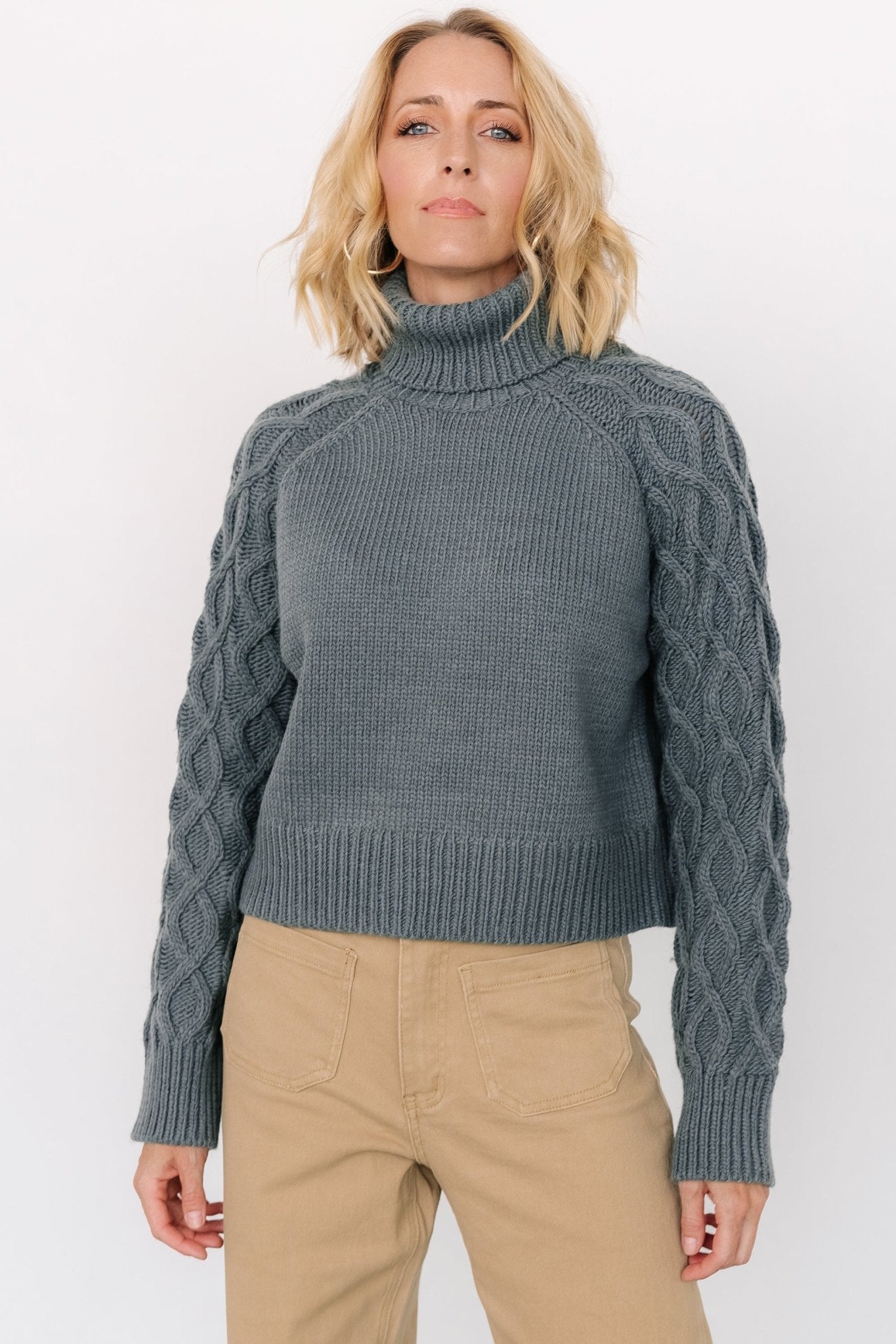 Vonn Cable Knit Turtleneck Sweater in Winter Green