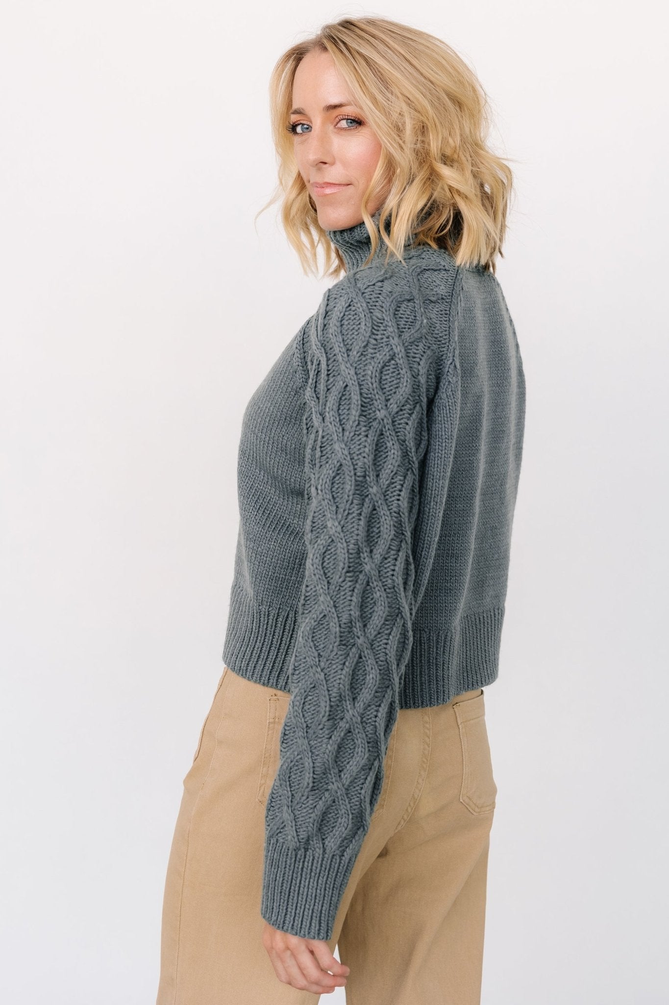 Vonn Cable Knit Turtleneck Sweater in Winter Green