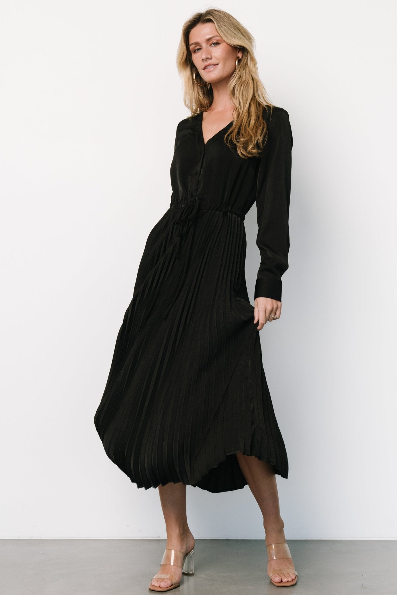 Waco Black Satin Pleated Nursing Dress with V-Neck