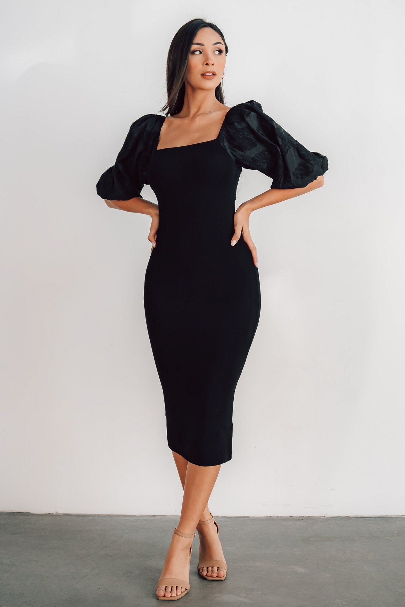 Weyland Black Bodycon Midi Dress with Puff Sleeves