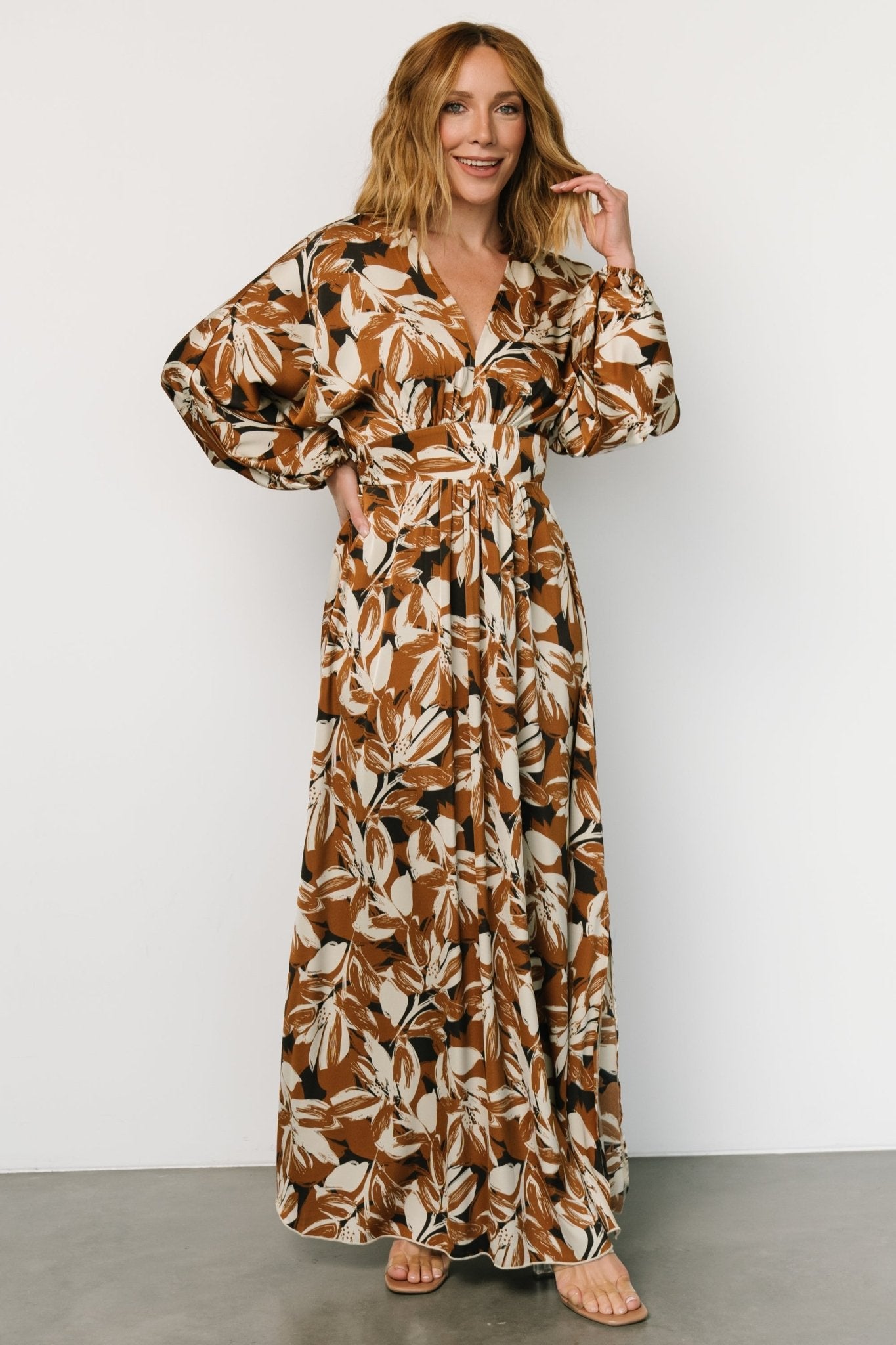 Yolanthe Flowy Satin Maxi Dress with V-Neck & Slit
