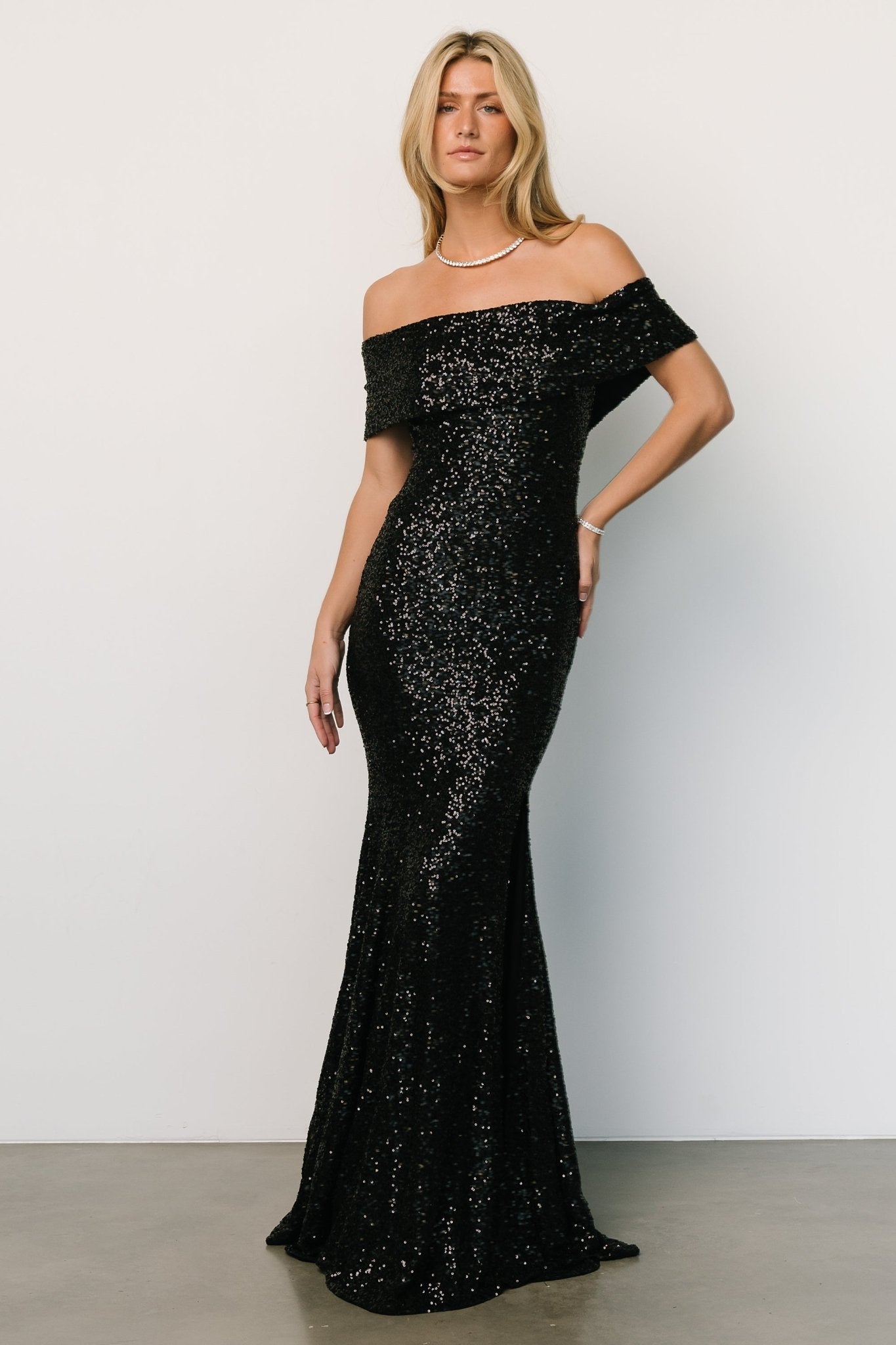 Black Off Shoulder Sequin Mermaid Gown by Yvonne