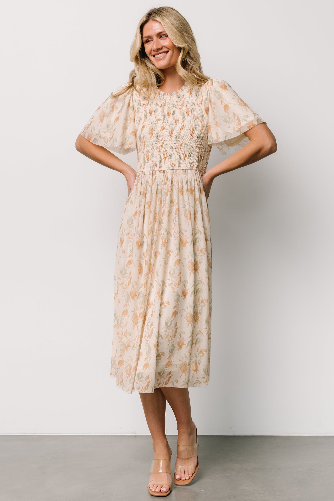 Baltic Born Ivory Floral Smocked Midi Dress with Keyhole Back