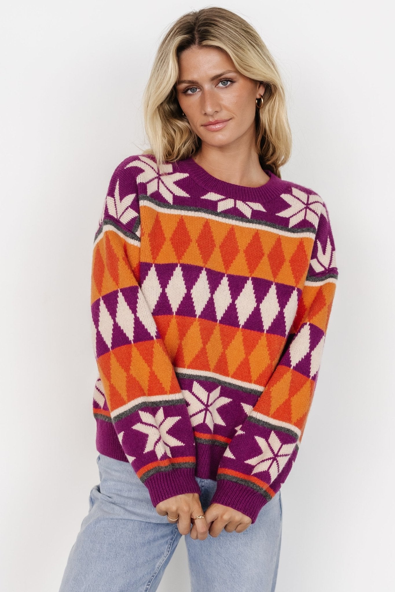 Zermatt Geometric Print Knit Sweater in Magenta & Orange