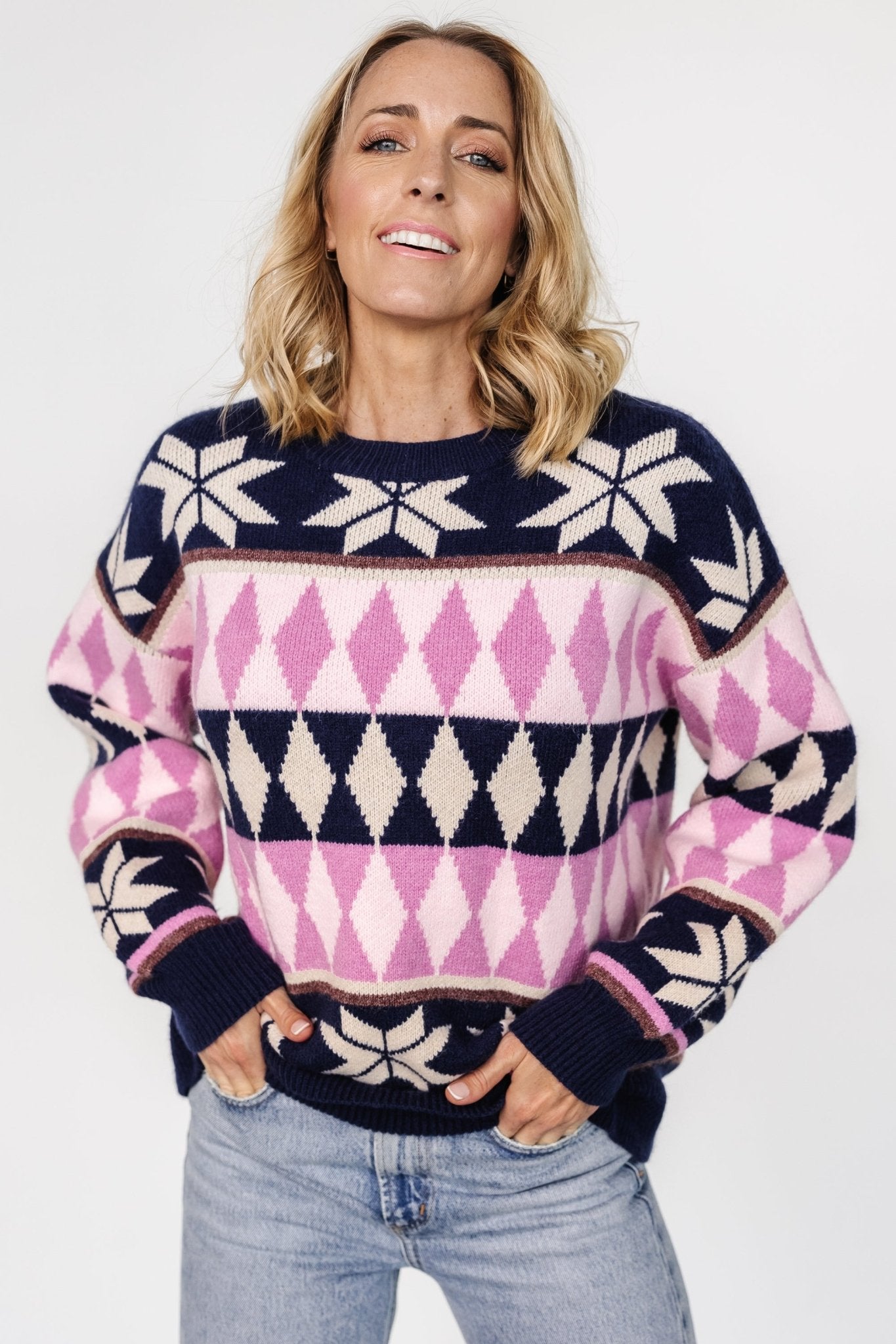 Zermatt Navy Geometric Print Knit Sweater with Ribbed Cuffs