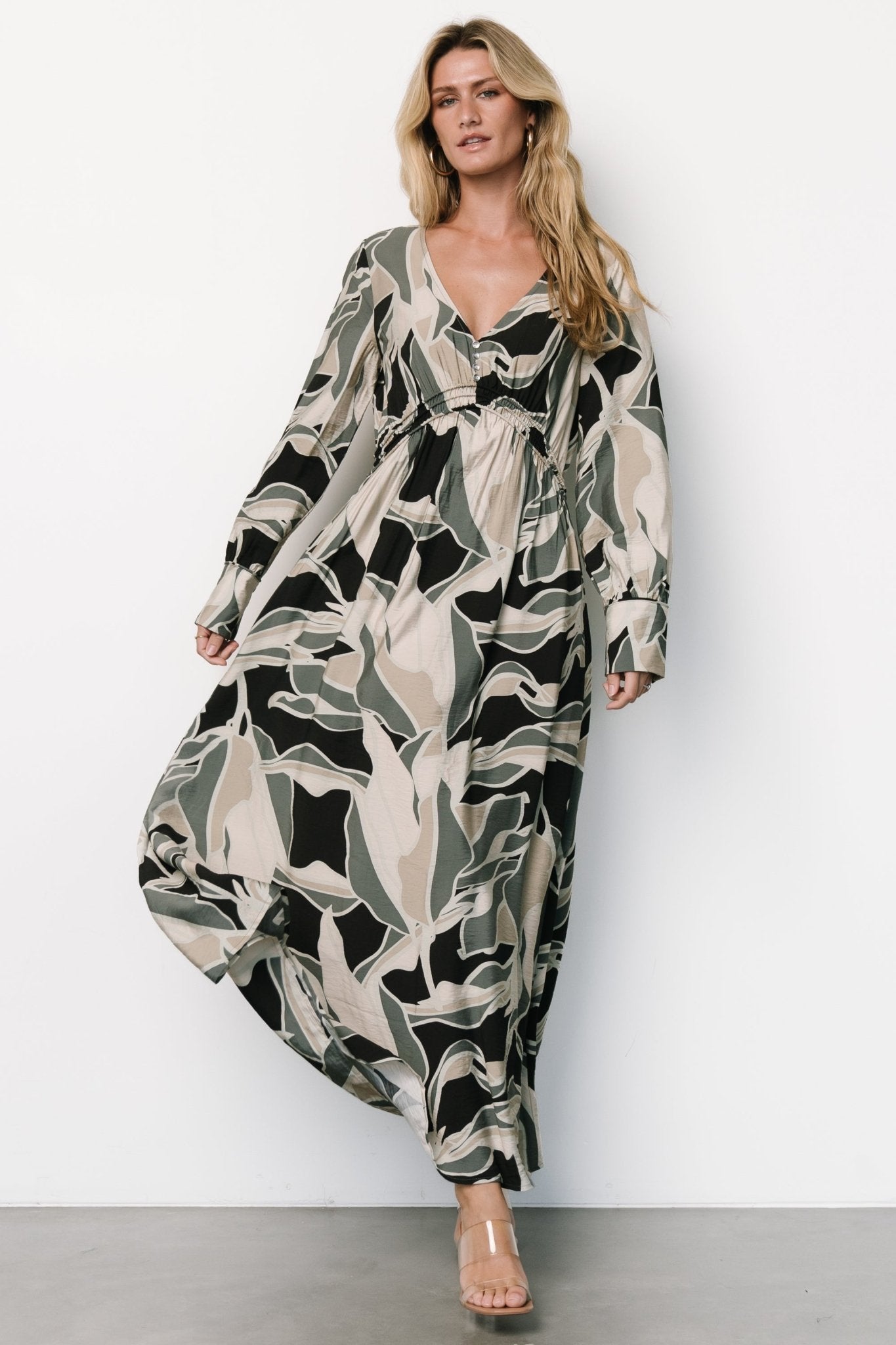 Zinnia Black Eucalyptus Print Maxi Dress with V-Neck & Button Details