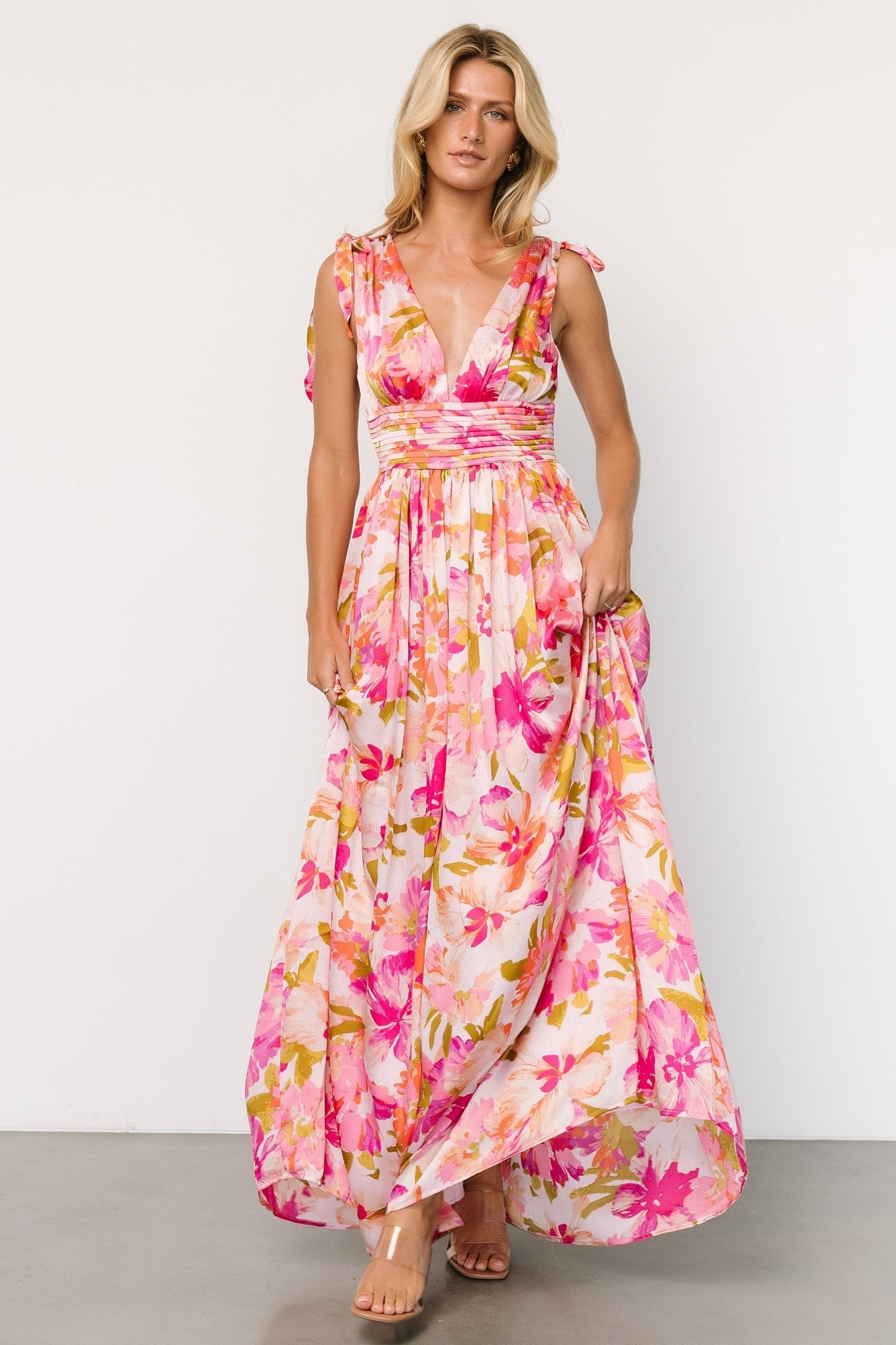Zoe Floral Tie Shoulder Maxi Dress in Pink & Multi