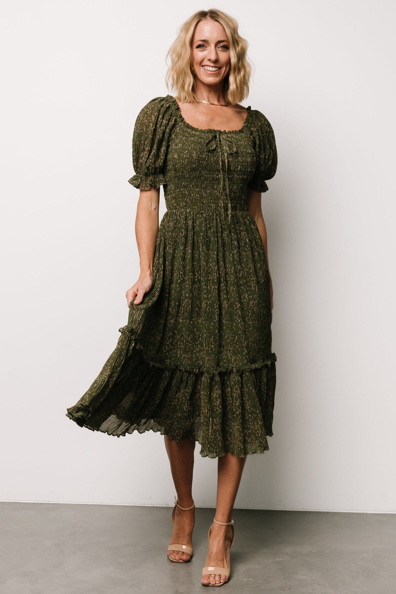 Beatrice Olive Floral Smocked Midi Dress – Square Neck & Tiered Skirt