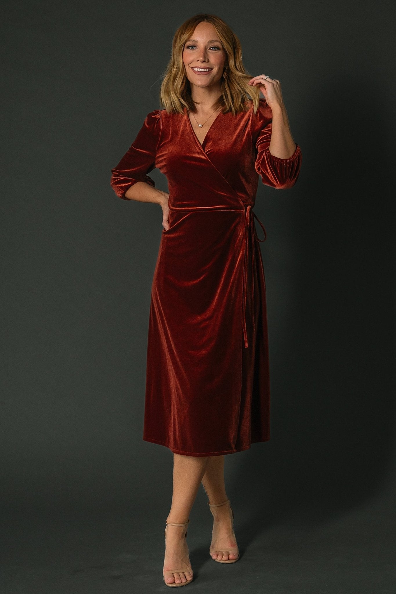 Baltic Born Velvet Wrap Dress in Cinnamon | Midi Length