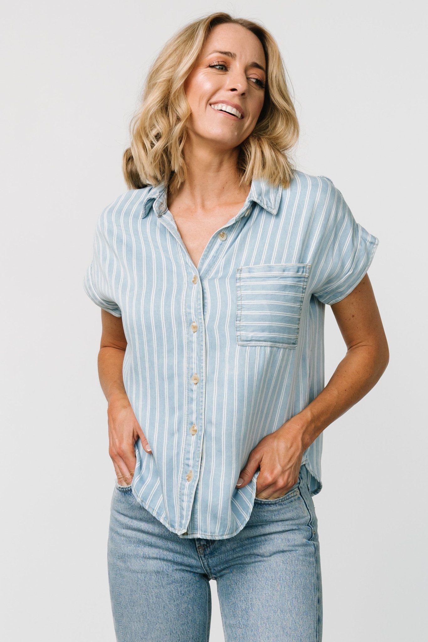Denim Blue Striped V-Neck Button-Up Shirt by Berkley