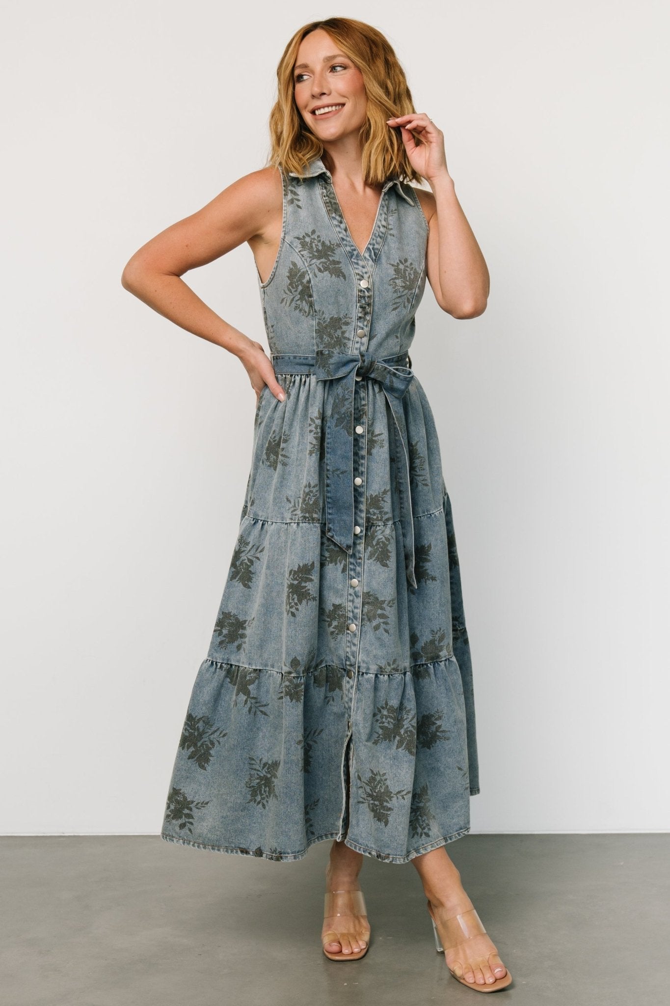 Baltic Born Bernadette Sleeveless Denim Dress with Floral Pattern