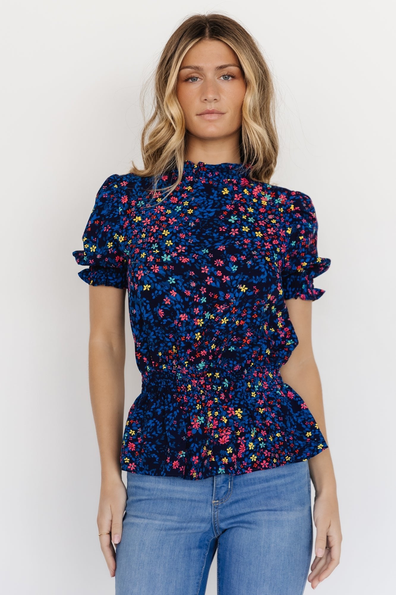 Baltic Born Blue Multi Peplum Top with Ruffled Sleeves