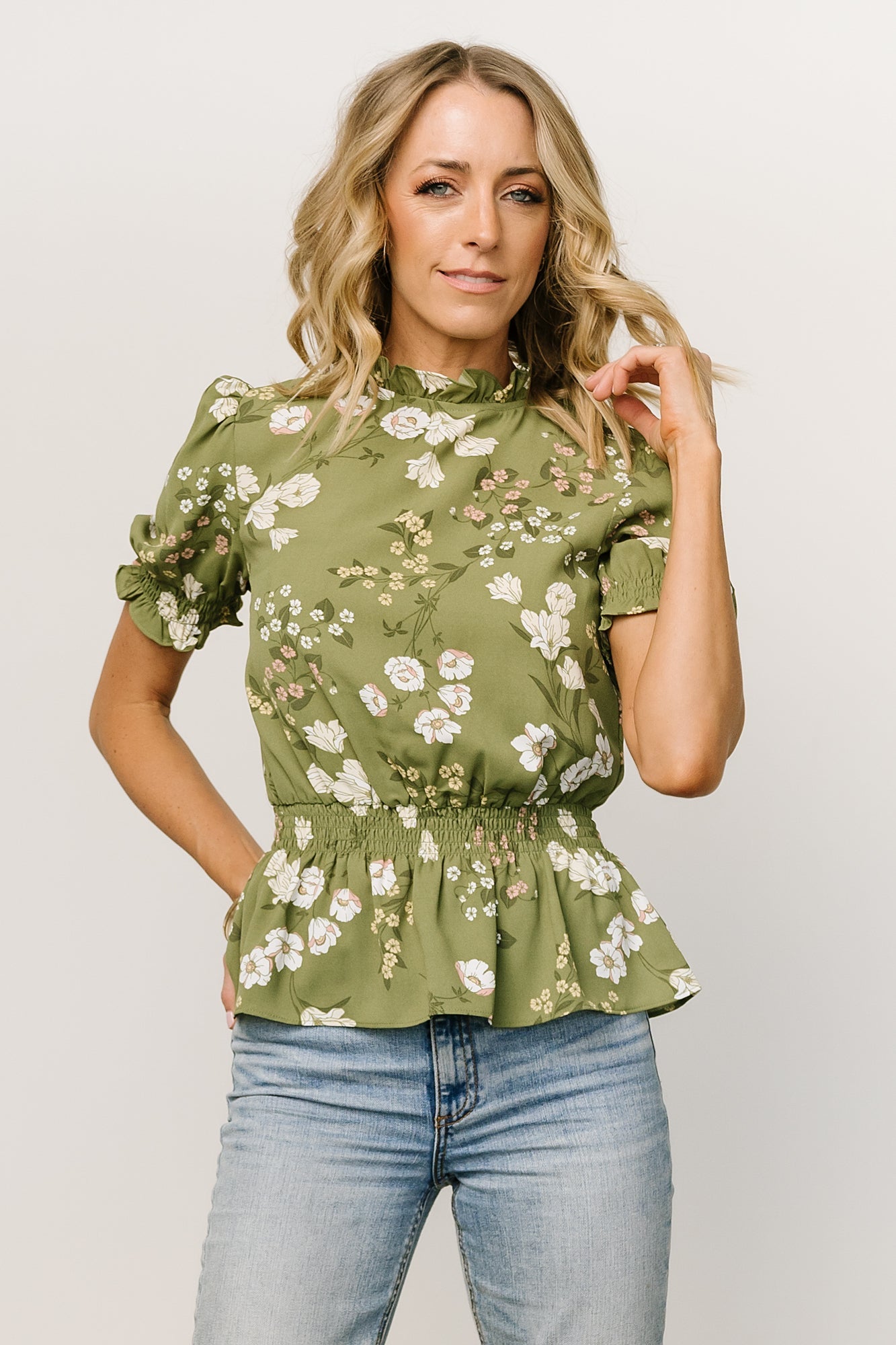 Beth Peplum Blouse - Olive Floral Ruffled Top with Keyhole Back