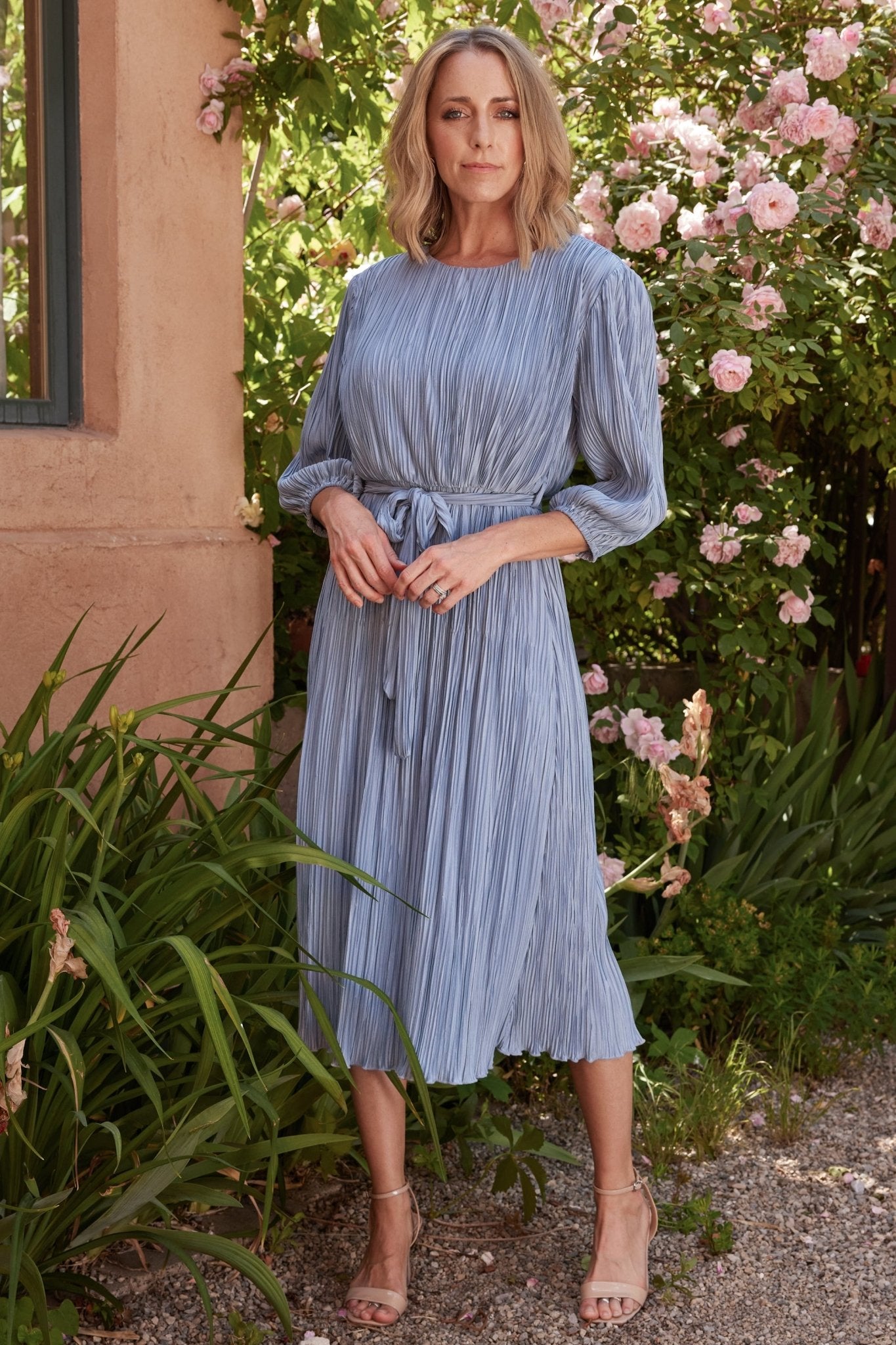 Light Blue Bethany Pleated Midi Dress for Weddings & Events