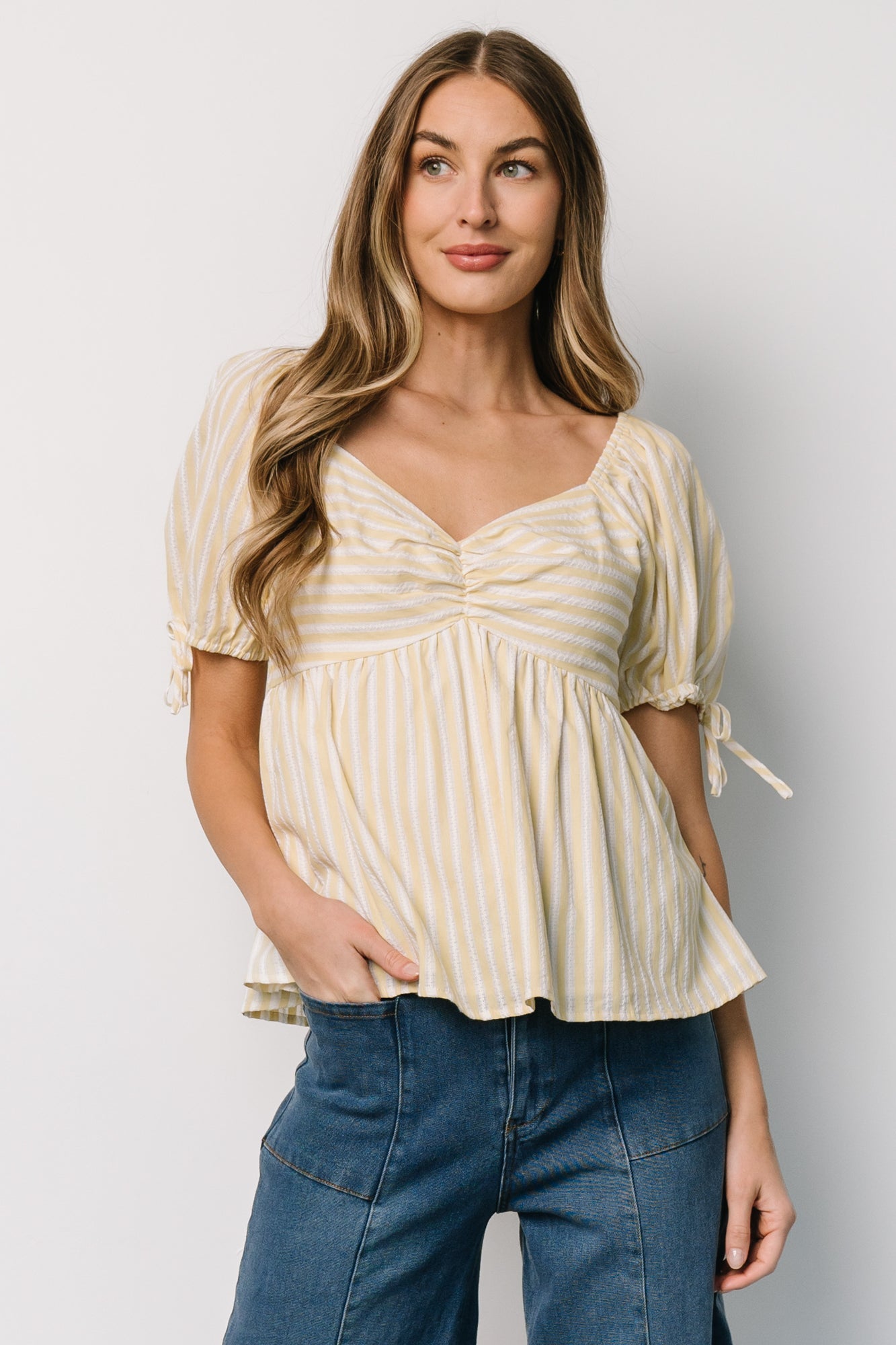 Yellow & White Striped Peplum Top with Embroidery – Baltic Born