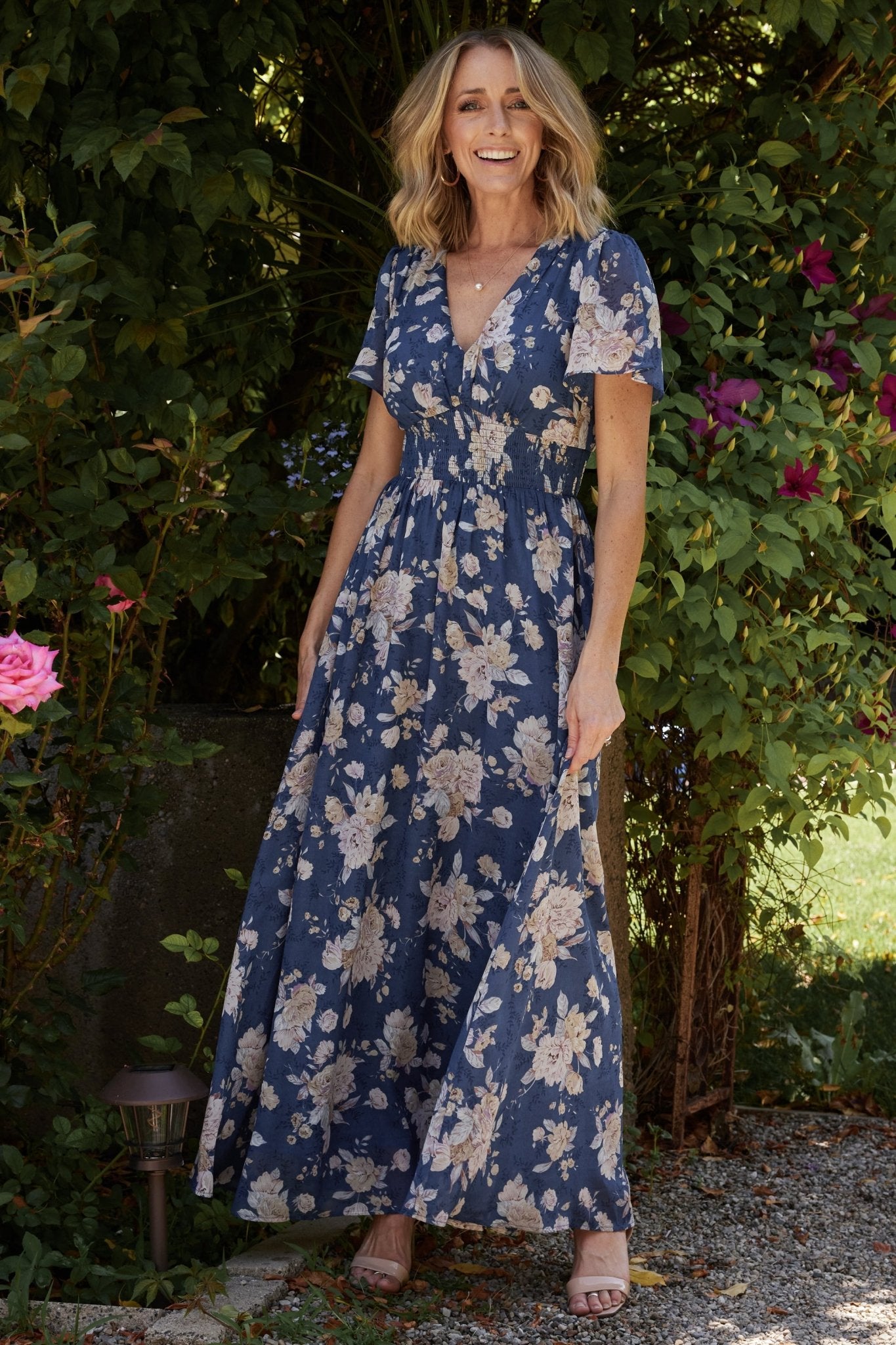 Baltic Born Blue Floral Maxi Dress with Smocked Waist