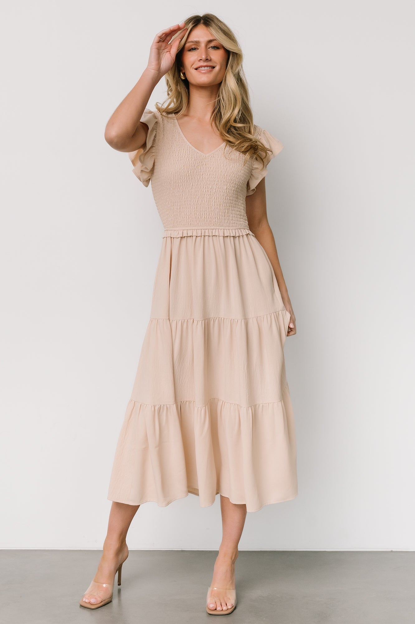 Afton Smocked Tiered Midi Dress with Pockets | Sand Beige