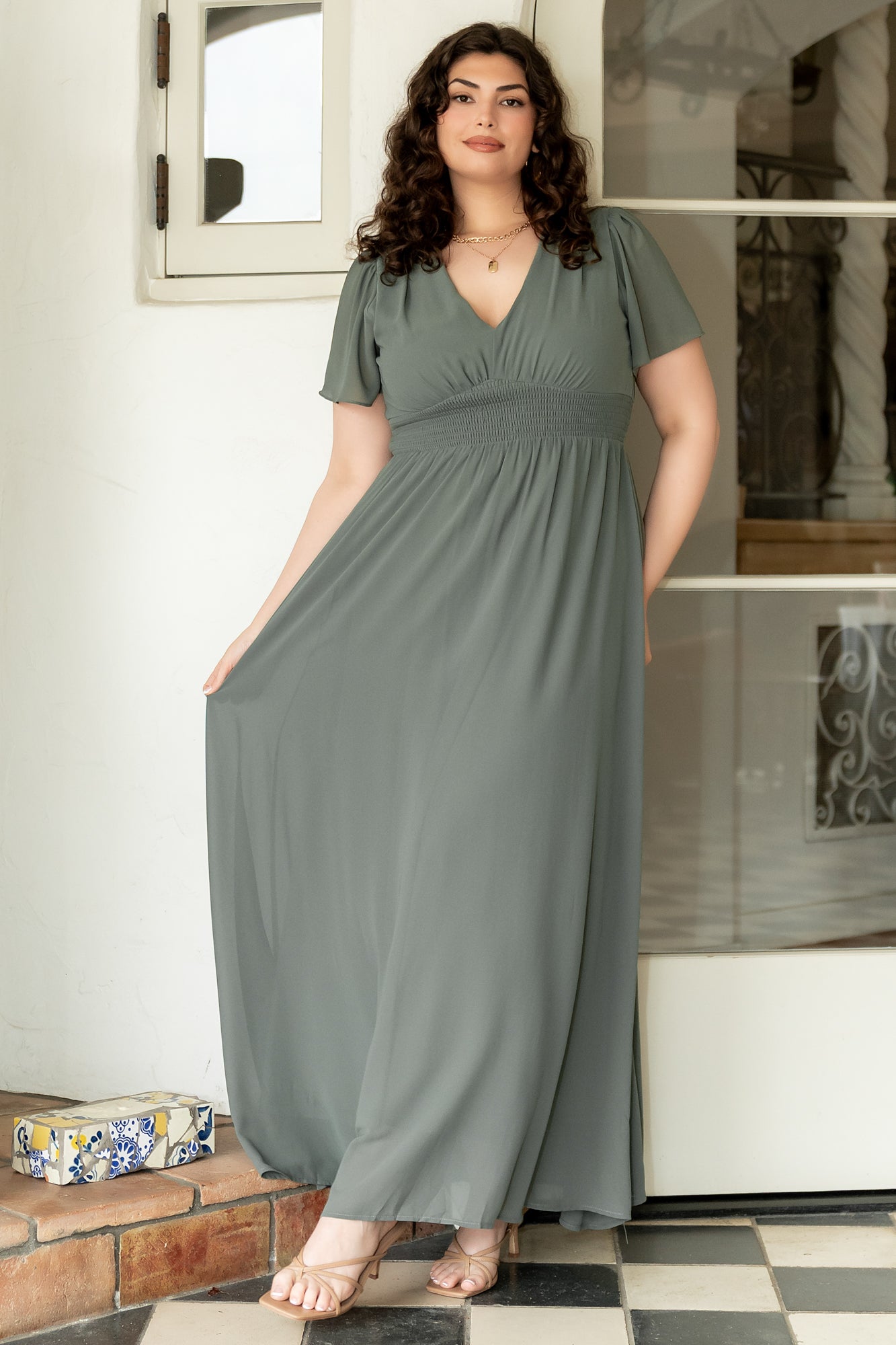 Baltic Born Sage Green Chiffon Maxi Dress with Smocked Waist