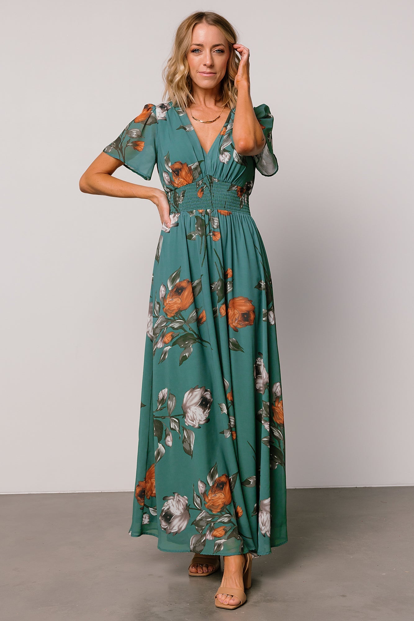 Baltic Born Eucalyptus Floral Maxi Dress with Smocked Waist