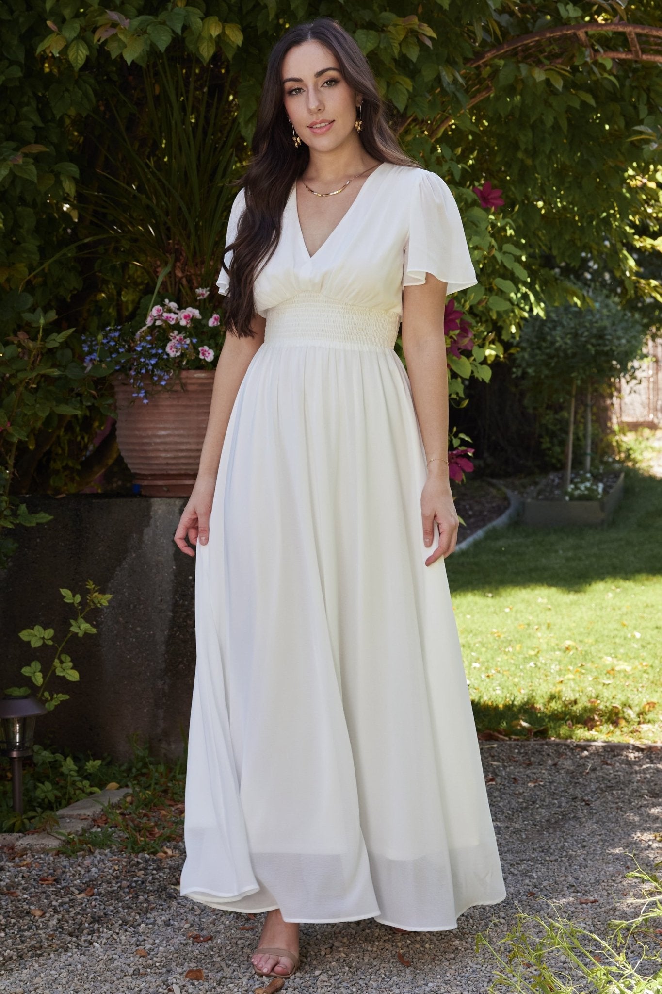 Baltic Born Birdie Maxi Dress - White Chiffon V-Neck Flutter Sleeves