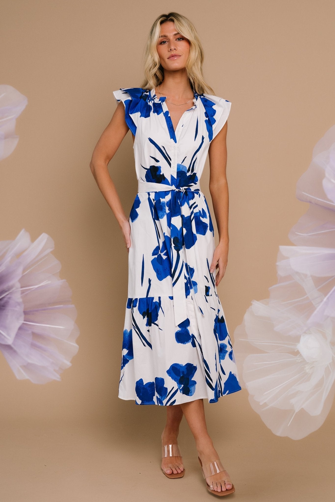 Baltic Born Blakely White & Cobalt Blue Button Front Midi Dress