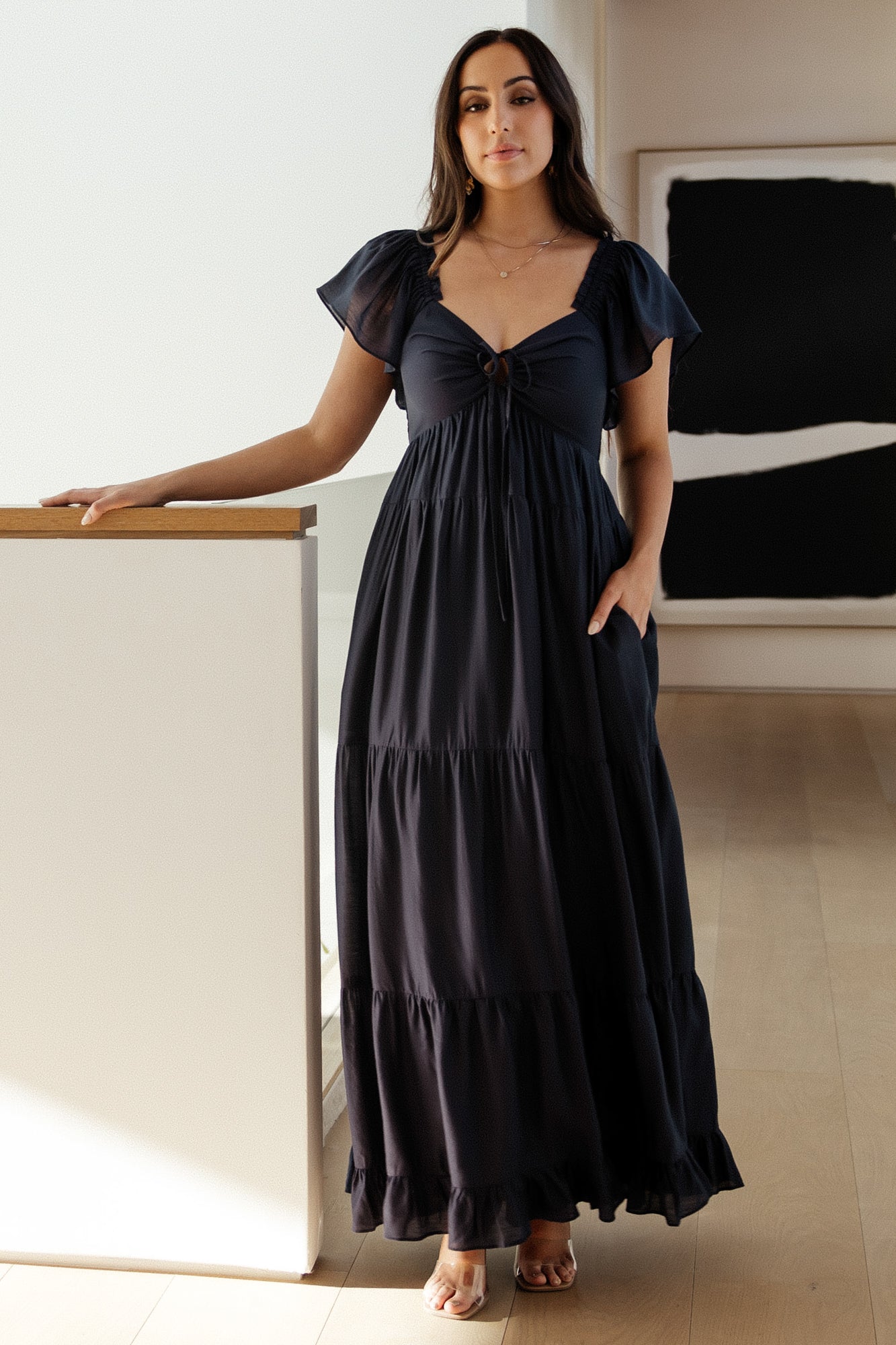 Dark Blue Agatha Maxi Dress with V-Neck & Ruffle Sleeves