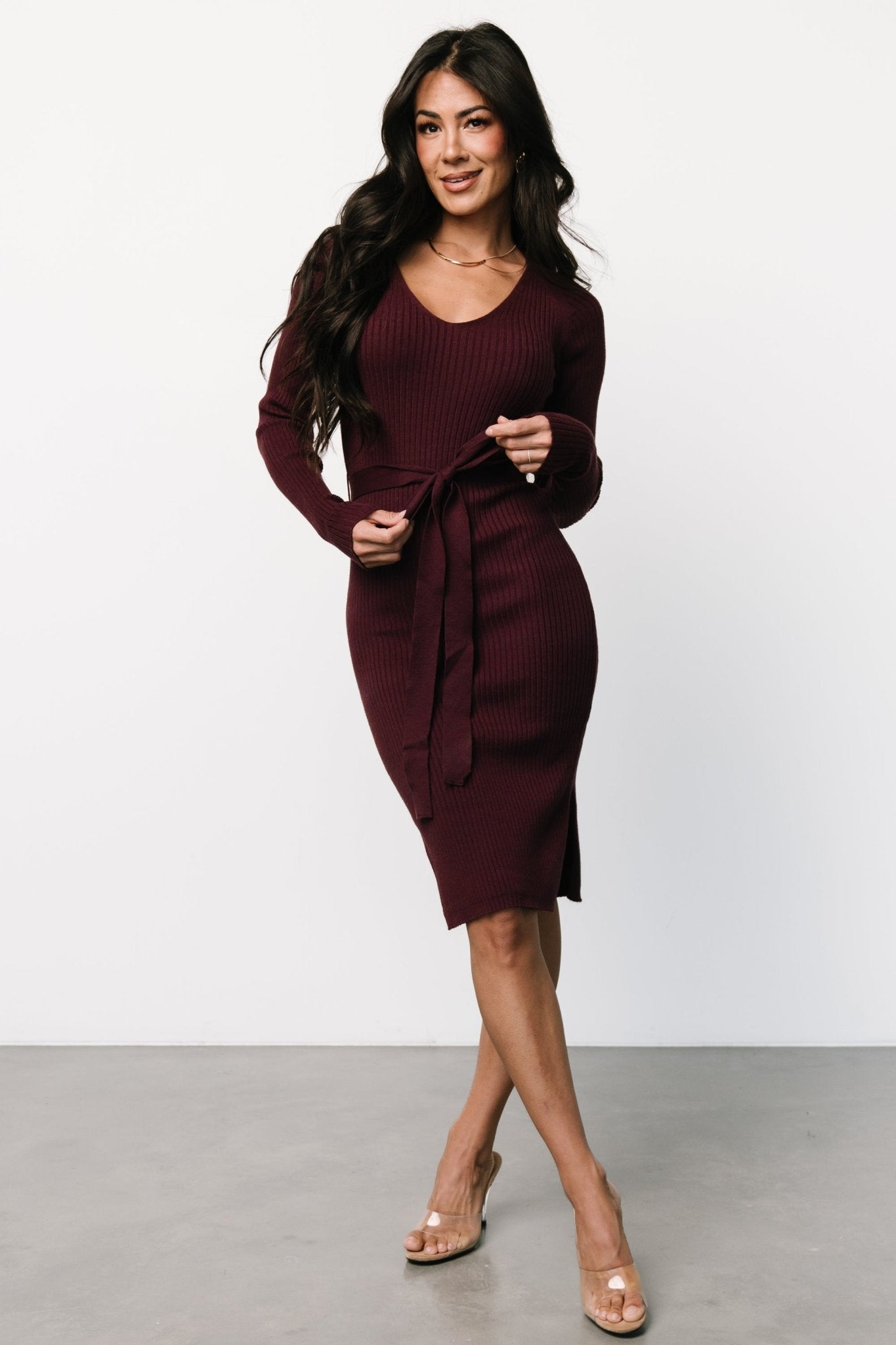 Mulberry Ribbed V-Neck Midi Dress with Removable Sash