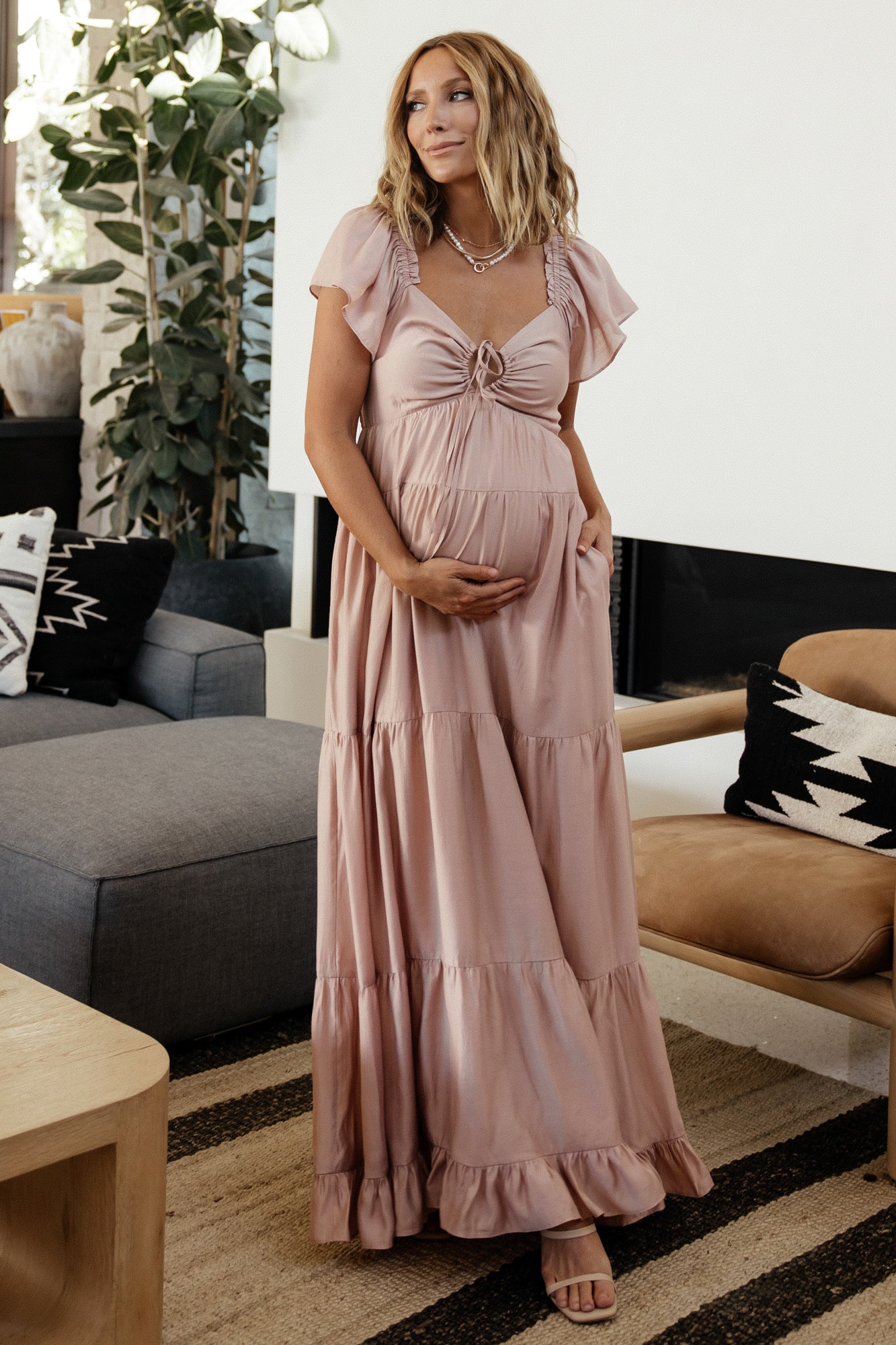 Baltic Born Agatha V-Neck Ruffle Maxi Dress in Dusty Mauve