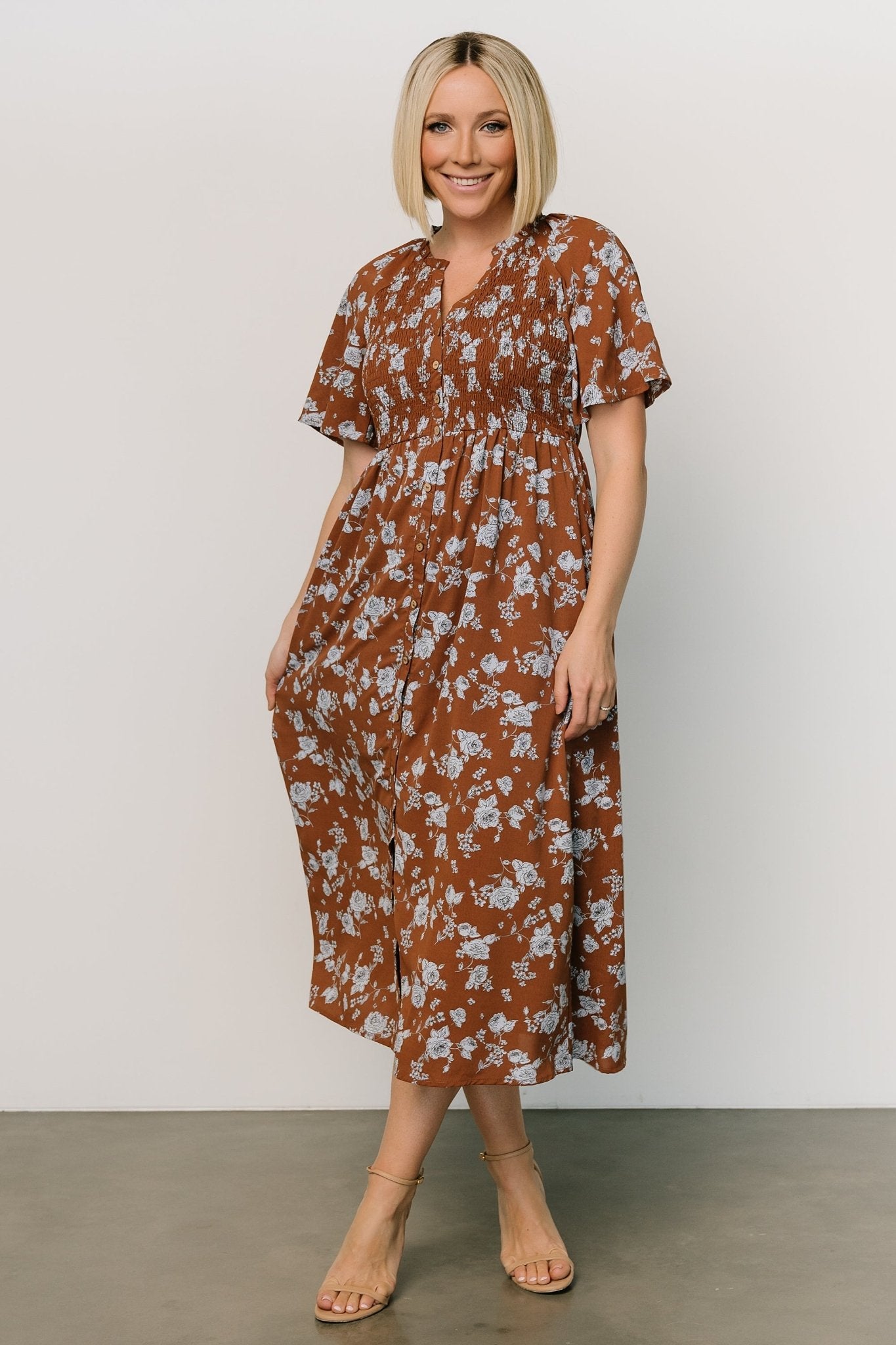 Baltic Born Brown Floral Midi Dress with Ruffled Collar